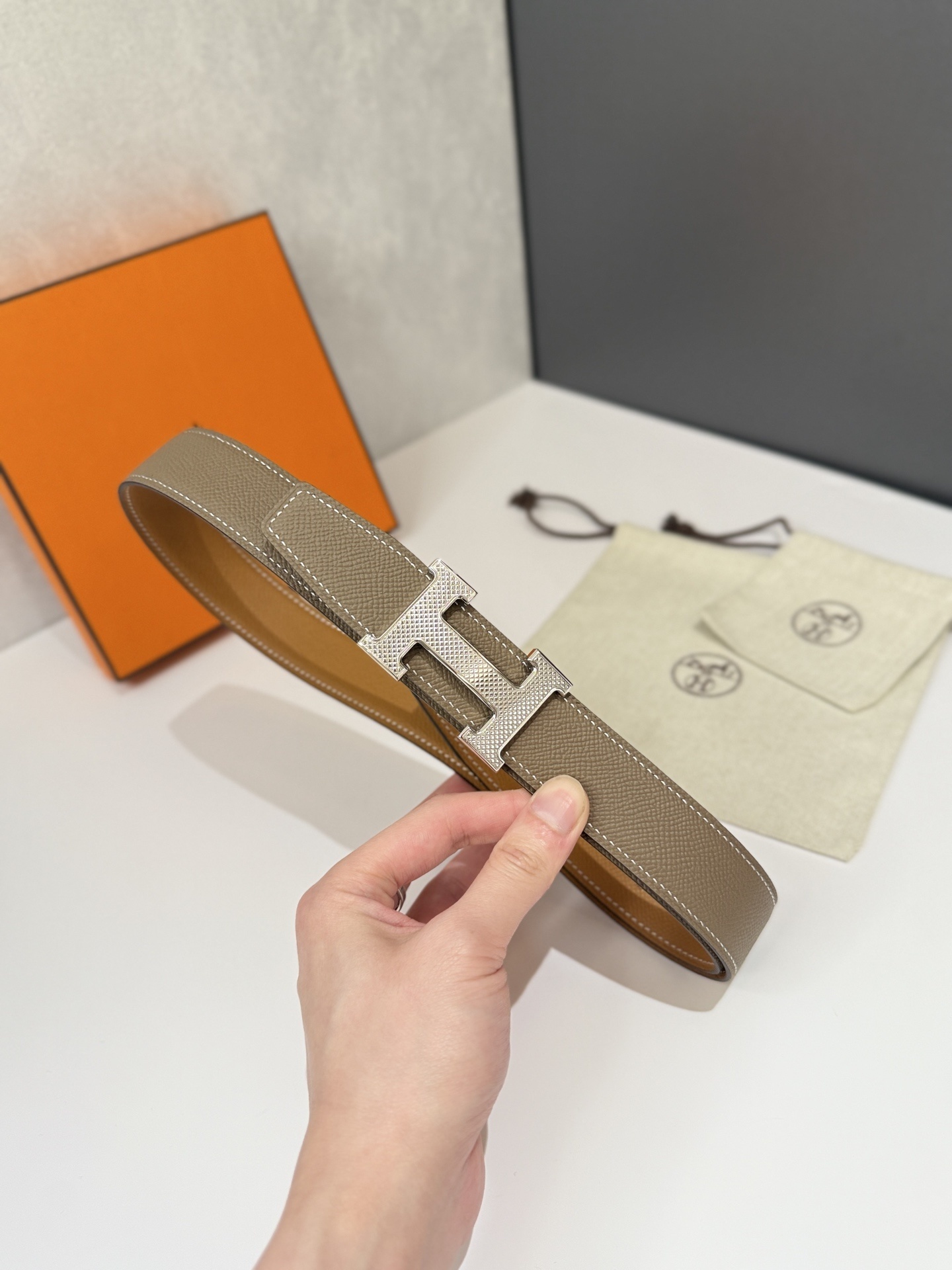 Hermès H Belt in Taupe Epsom Leather with Silver Buckle