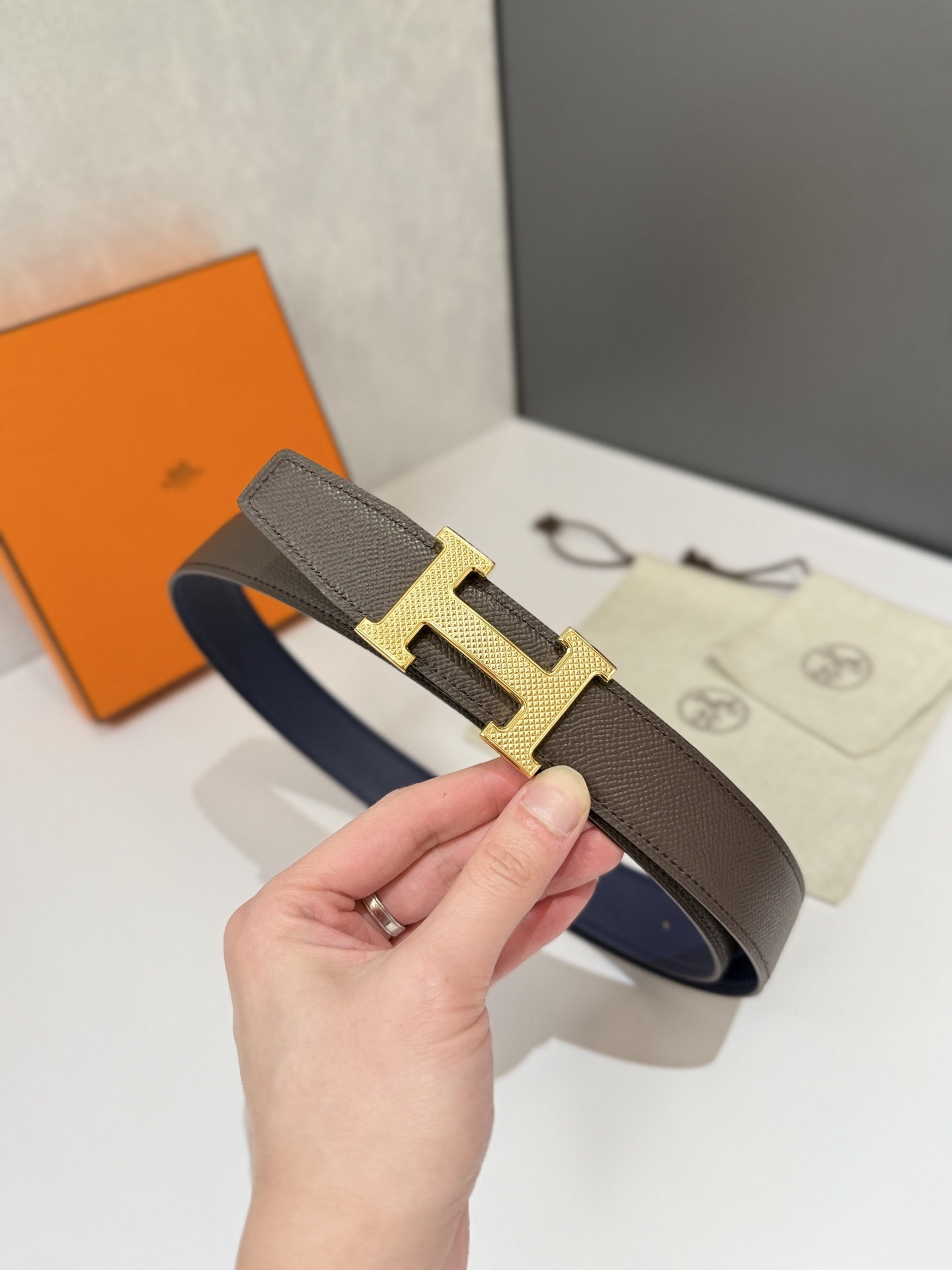 Hermes H Belt Navy Blue Epsom Leather Gold Textured Buckle