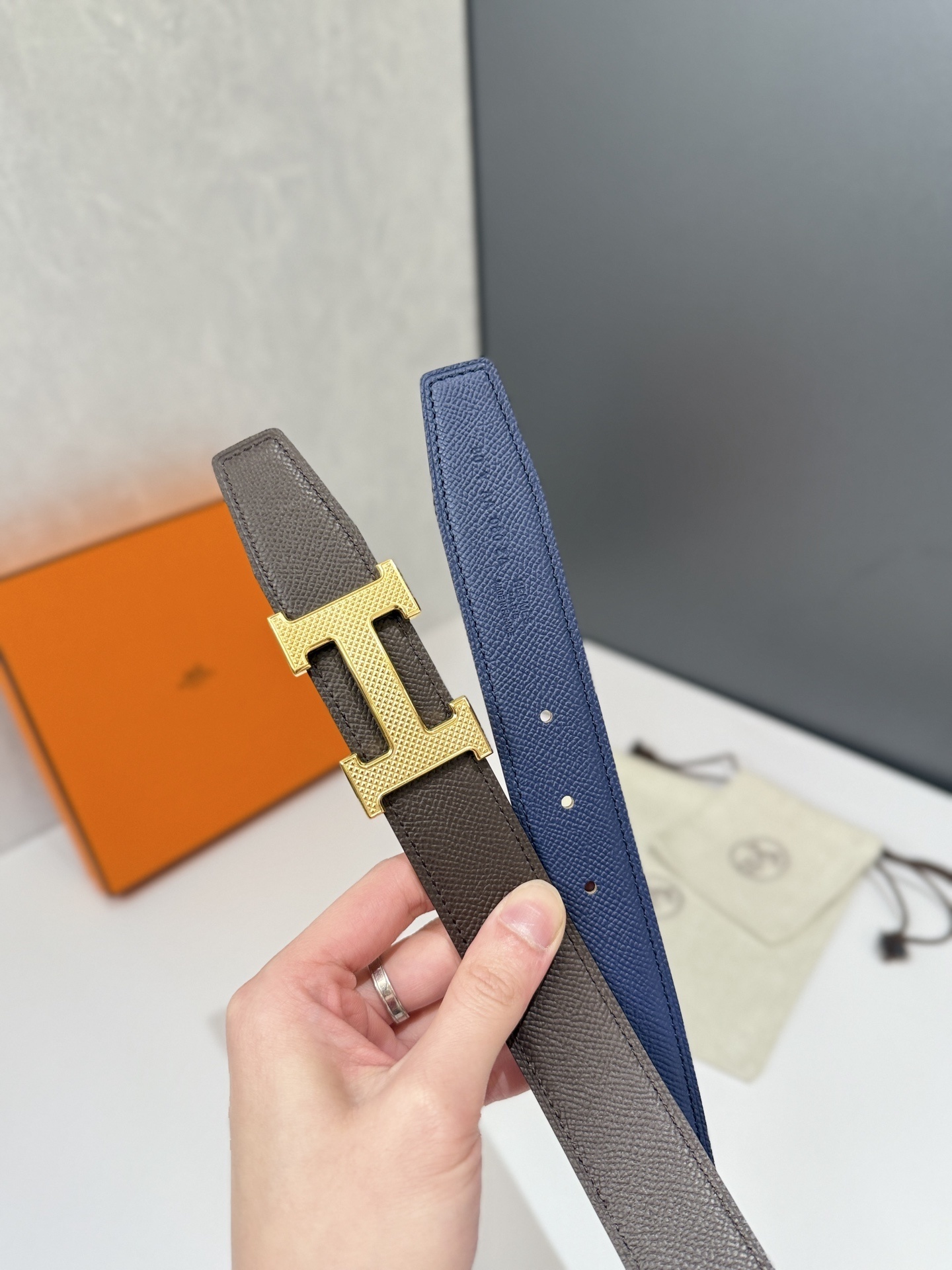 Hermes H Belt Navy Blue Epsom Leather Gold Textured Buckle