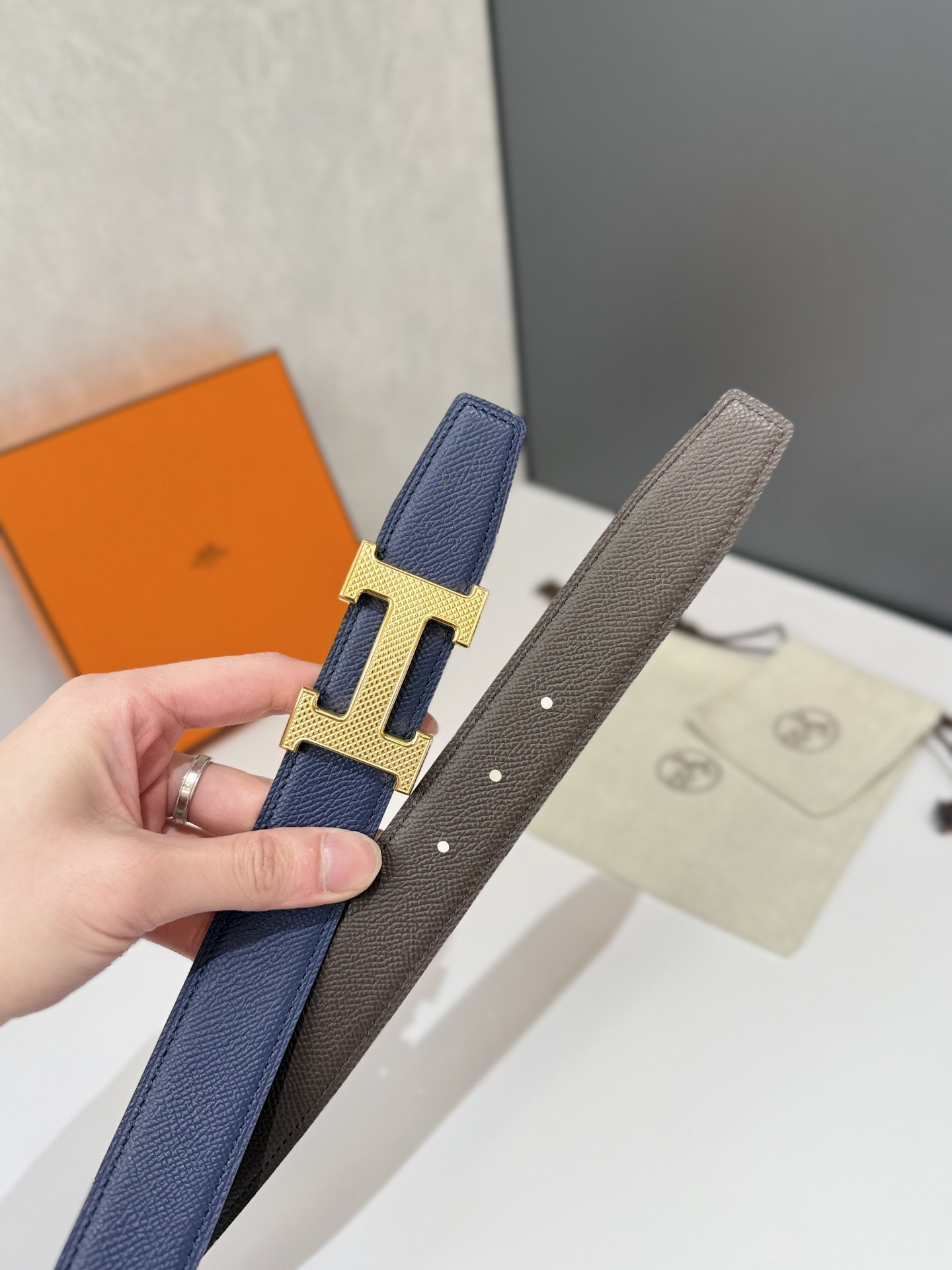 Hermes H Belt Navy Blue Epsom Leather Gold Textured Buckle