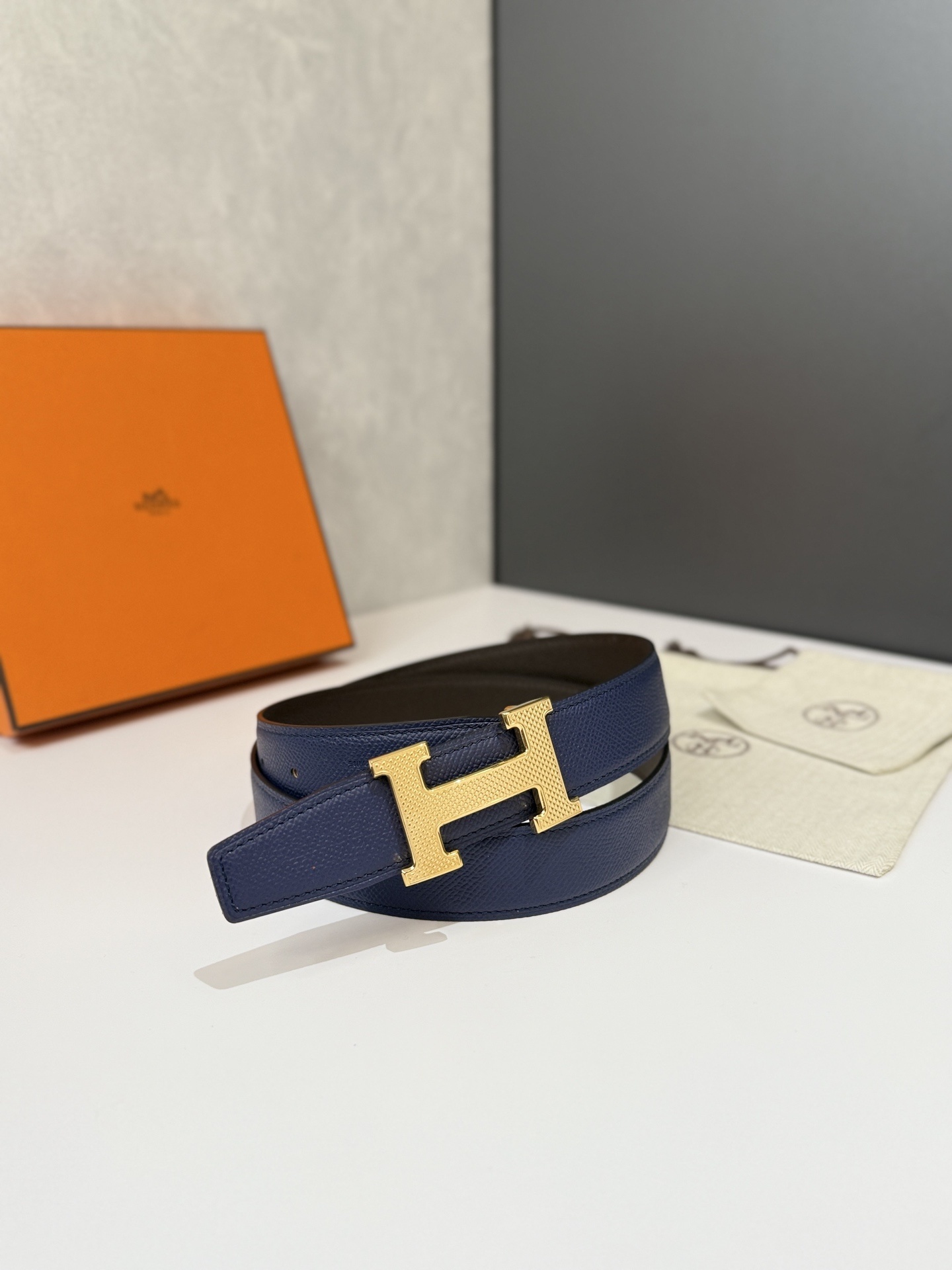 Hermes H Belt Navy Blue Epsom Leather Gold Textured Buckle