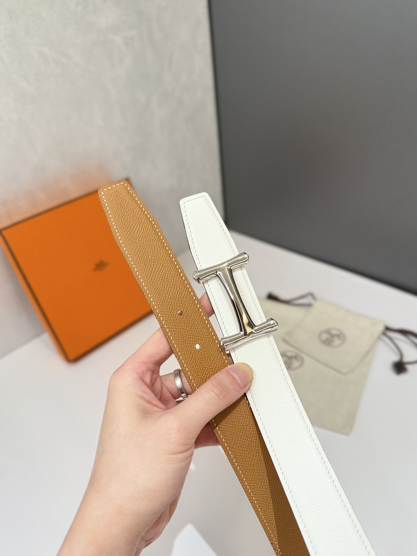 Luxury Tan Epsom Leather Belt with Silver Buckle - Designer Style