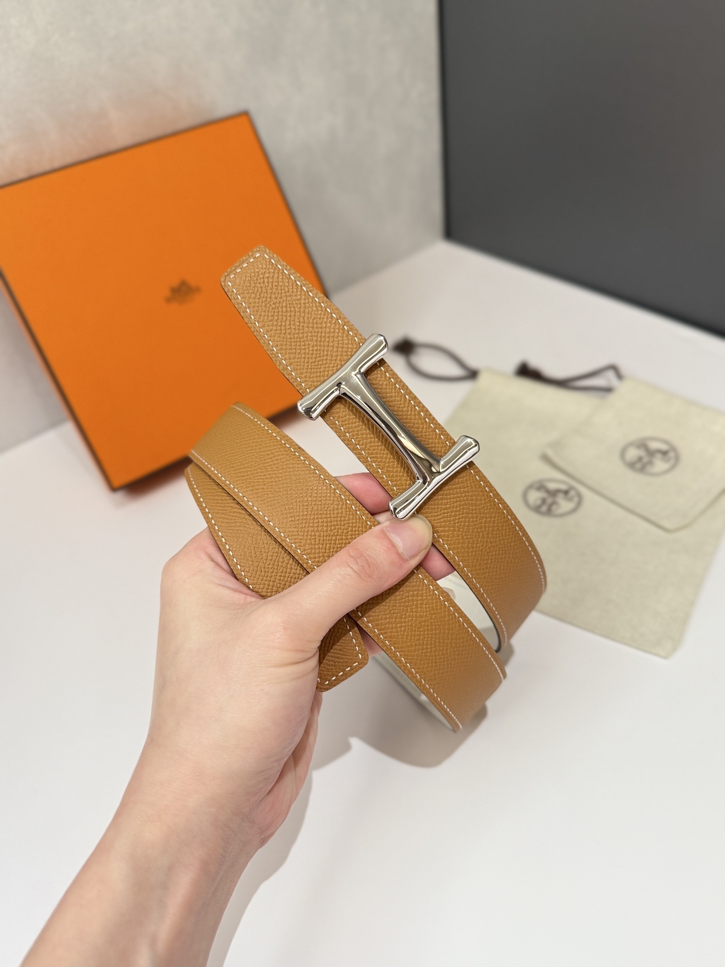 Luxury Tan Epsom Leather Belt with Silver Buckle - Designer Style