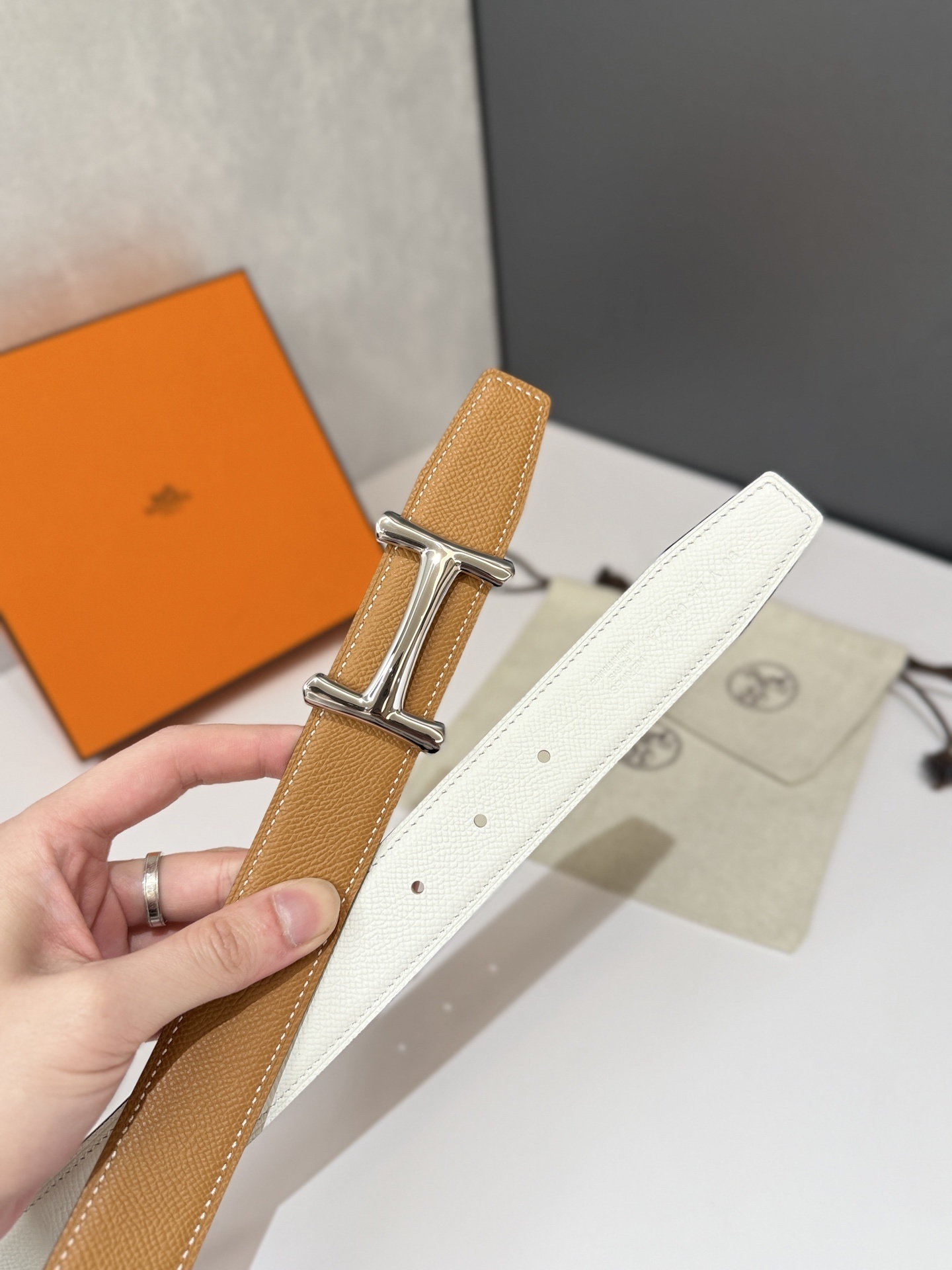 Luxury Tan Epsom Leather Belt with Silver Buckle - Designer Style