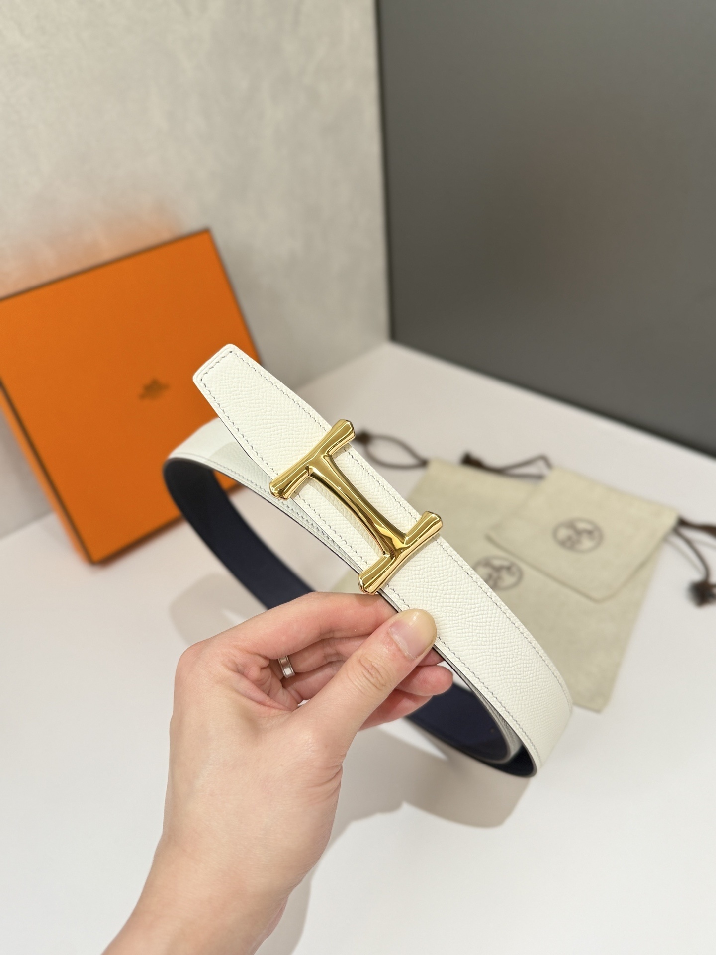 Luxury Reversible Navy Leather Belt with Gold H Buckle