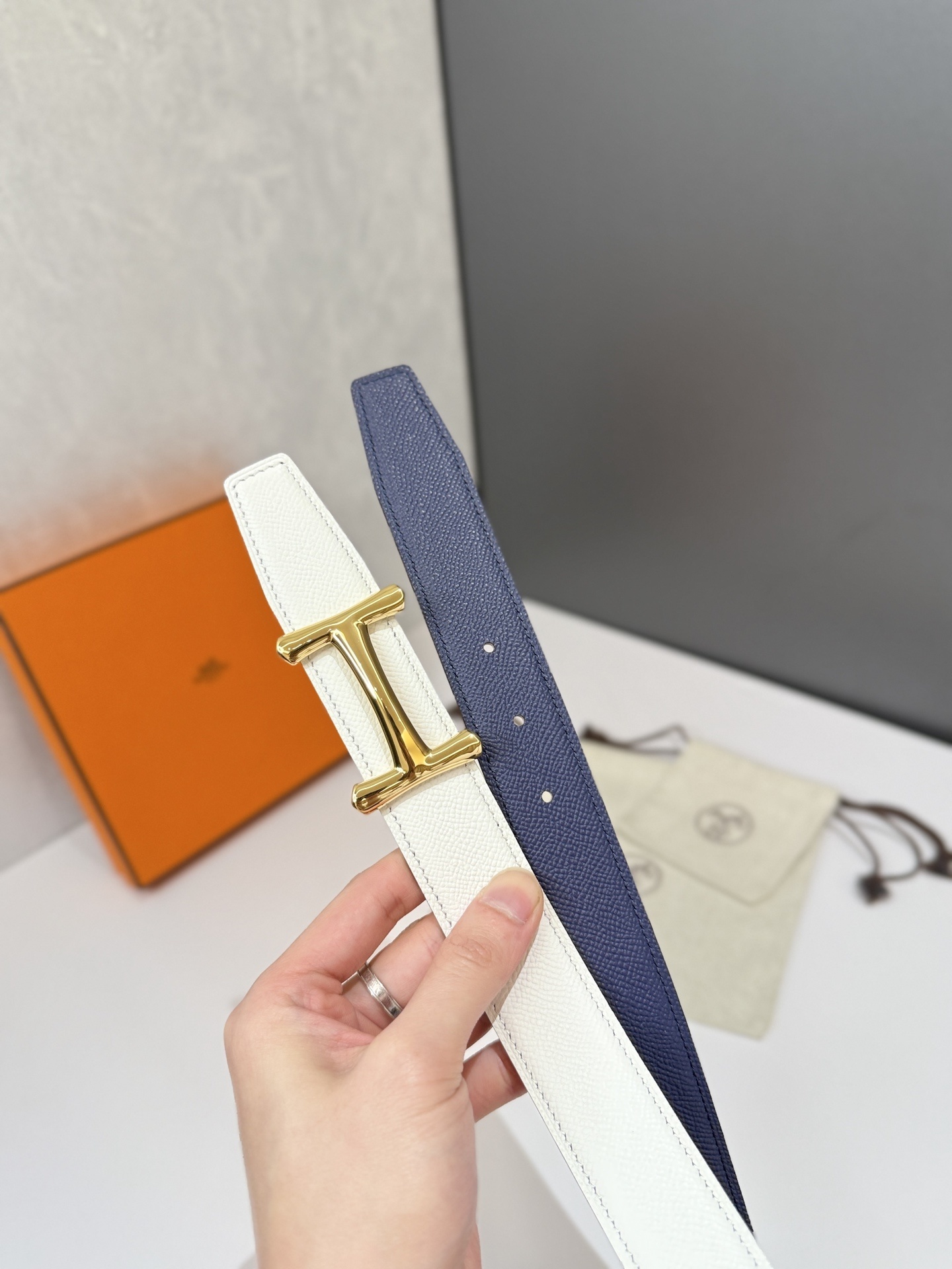 Luxury Reversible Navy Leather Belt with Gold H Buckle