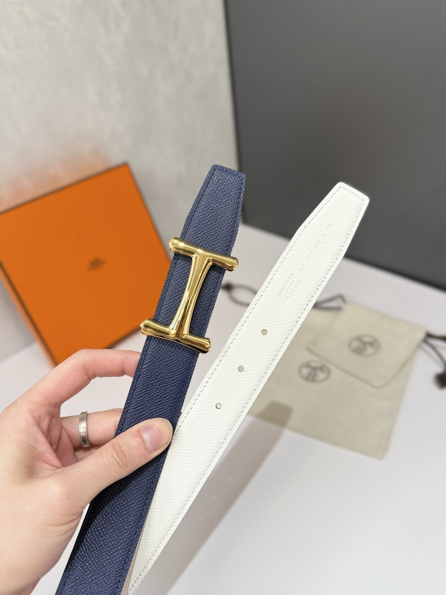 Luxury Reversible Navy Leather Belt with Gold H Buckle