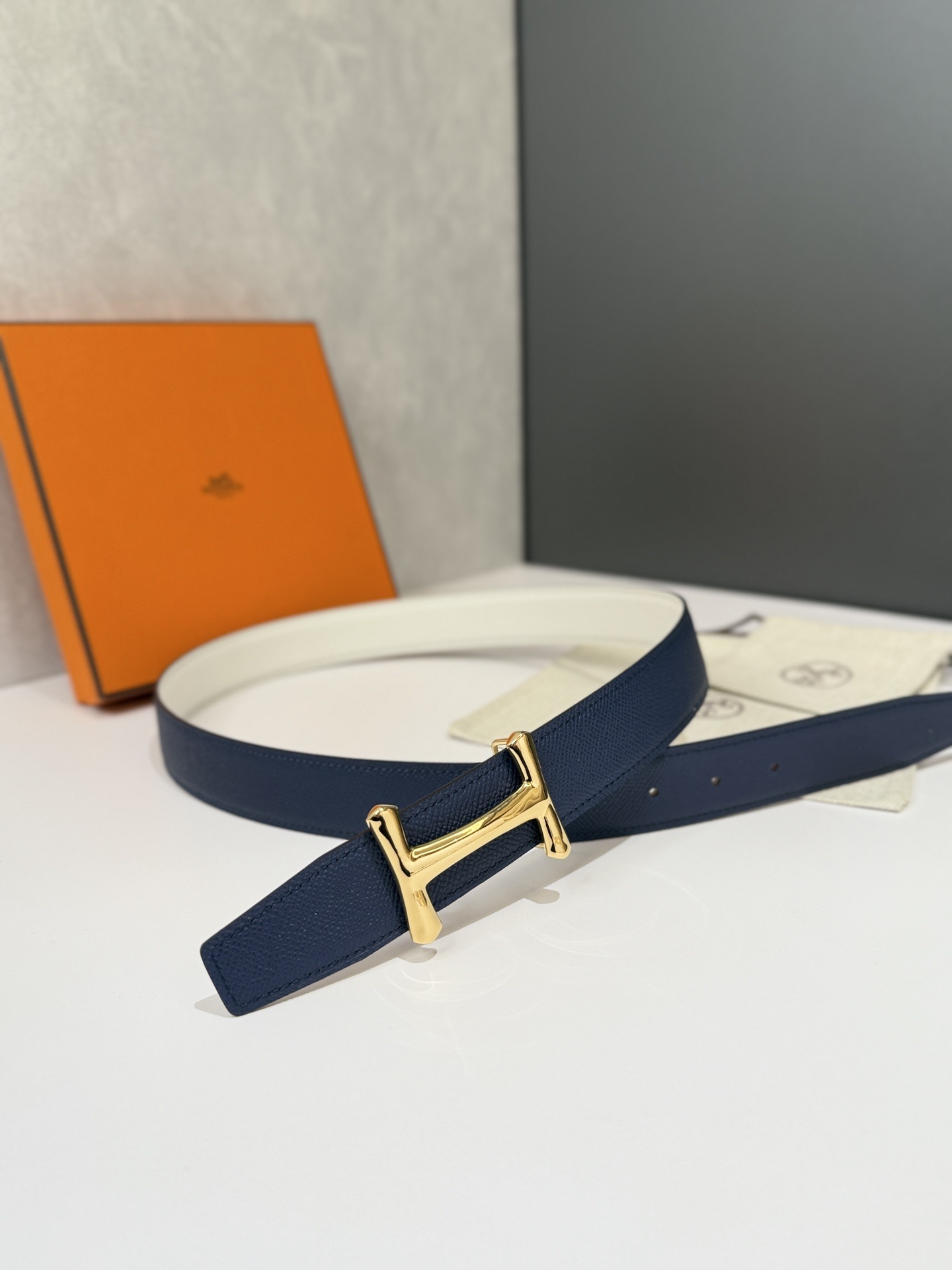 Luxury Reversible Navy Leather Belt with Gold H Buckle