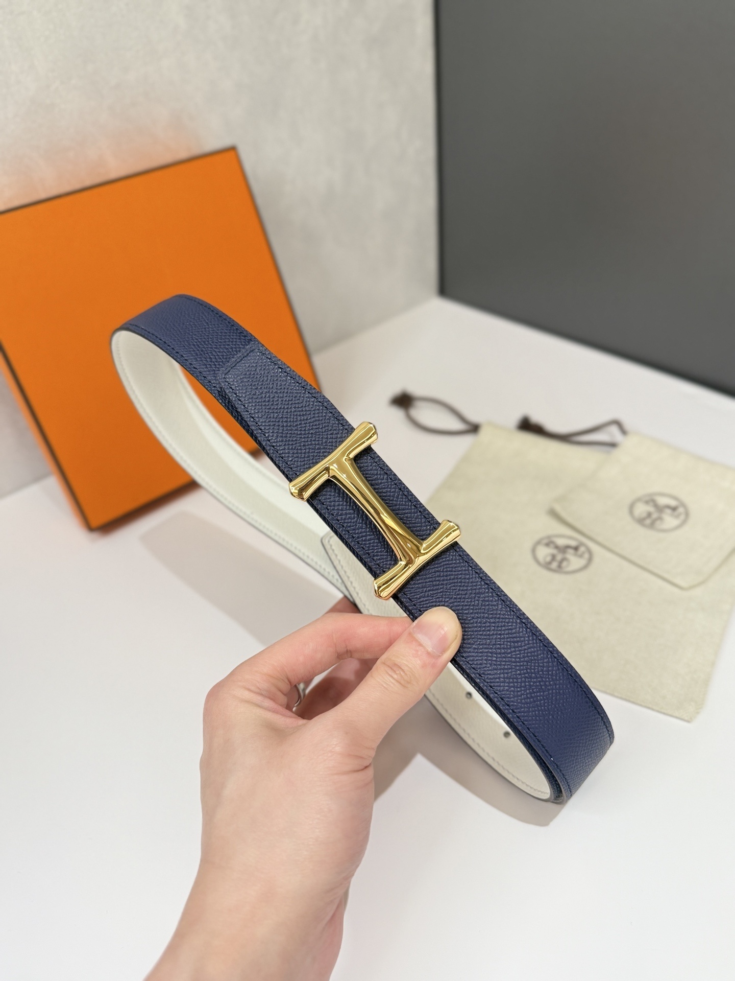 Luxury Reversible Navy Leather Belt with Gold H Buckle