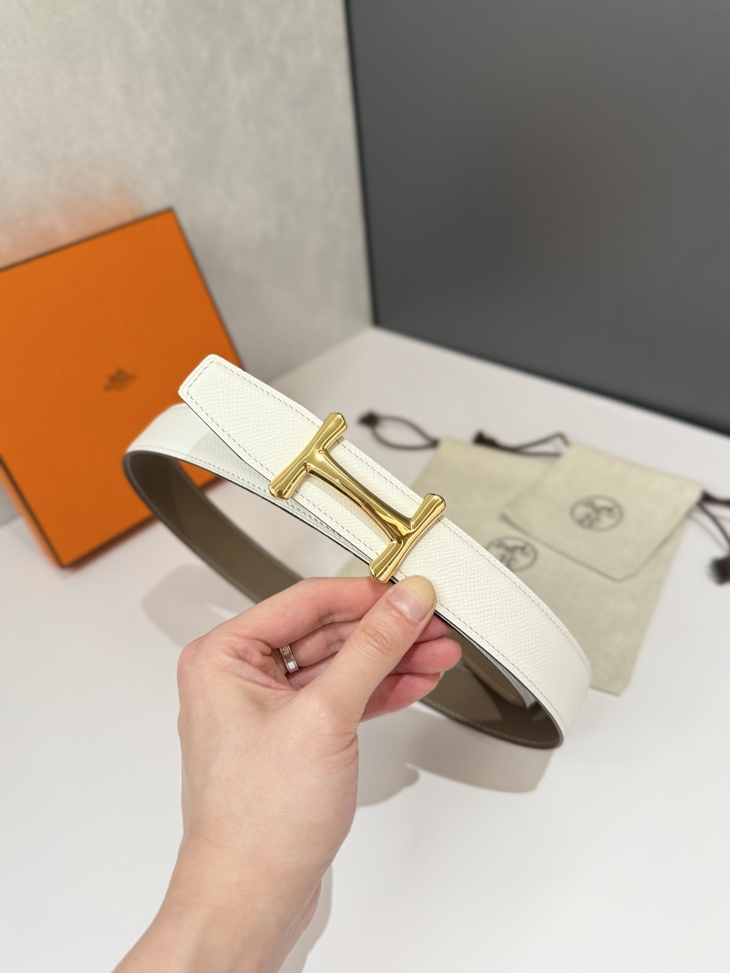 Hermes Reversible Belt Etoupe & White Epsom Leather Gold Buckle