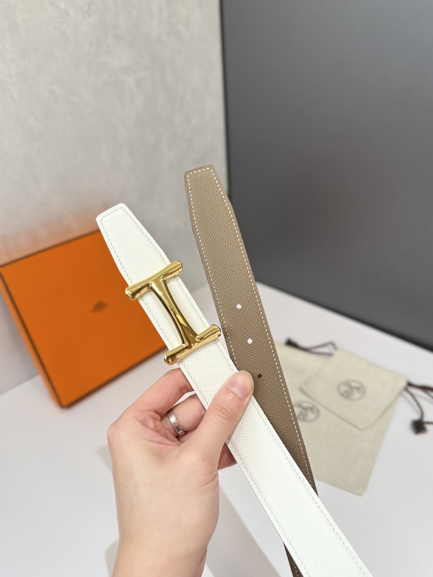 Hermes Reversible Belt Etoupe & White Epsom Leather Gold Buckle