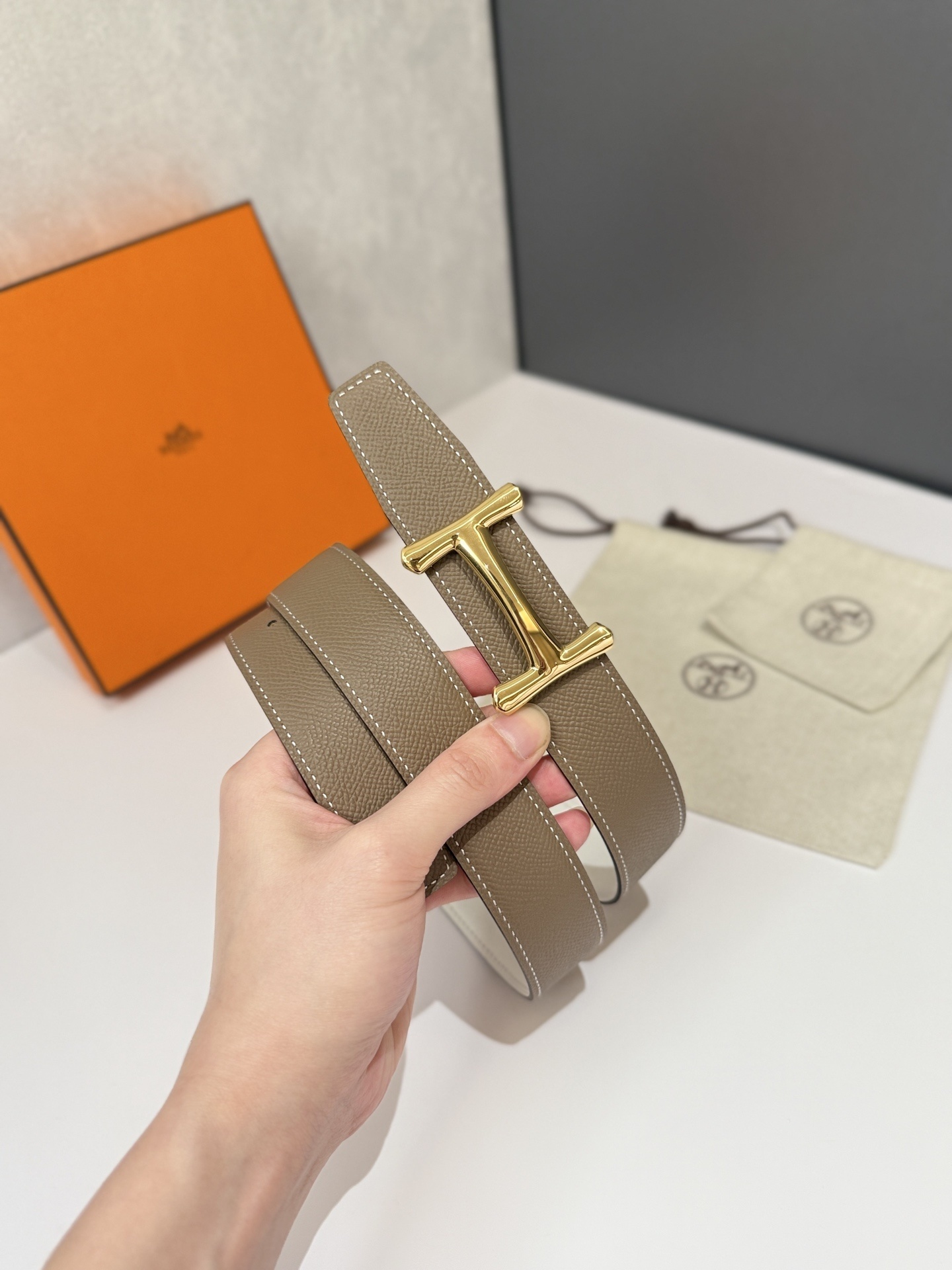 Hermes Reversible Belt Etoupe & White Epsom Leather Gold Buckle