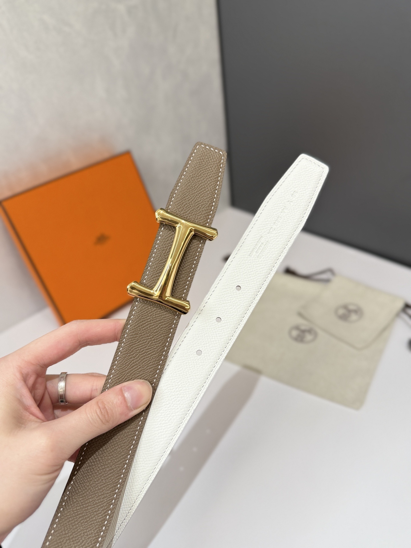 Hermes Reversible Belt Etoupe & White Epsom Leather Gold Buckle