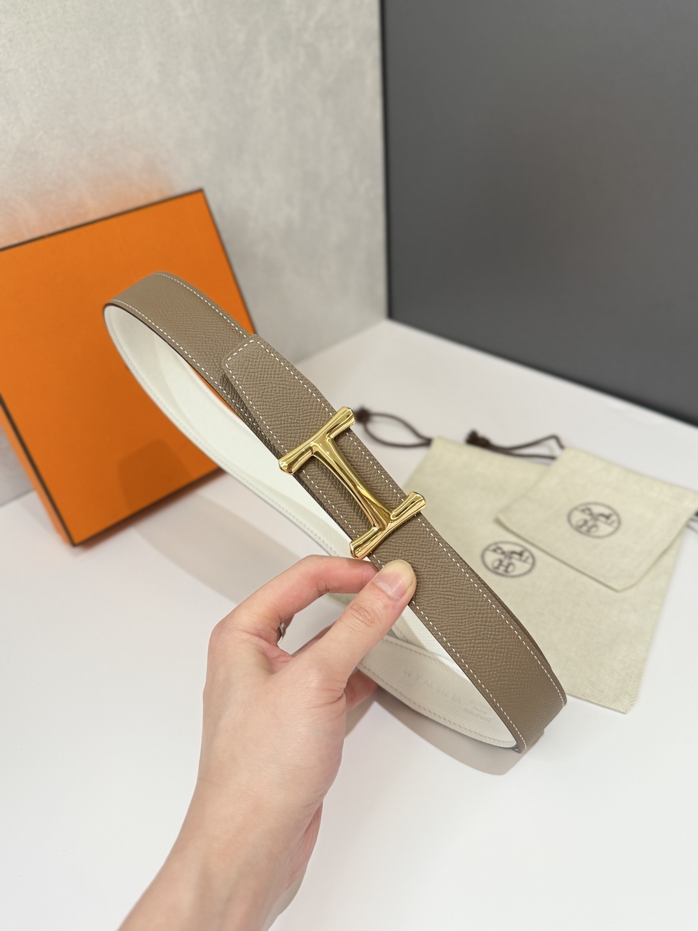 Hermes Reversible Belt Etoupe & White Epsom Leather Gold Buckle