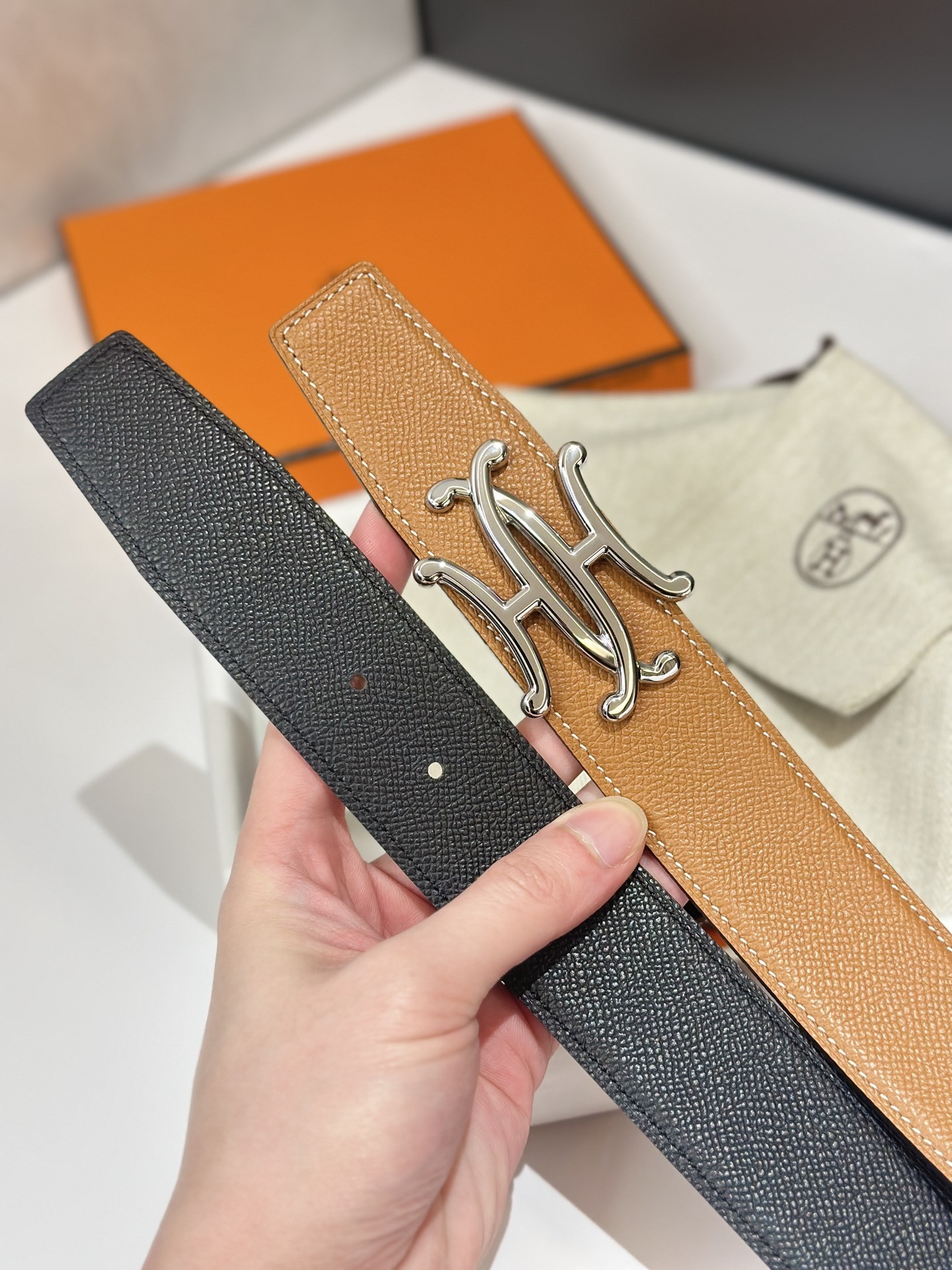 Luxury Hermès Reversible Leather Belt - Black & Tan with Silver Buckle