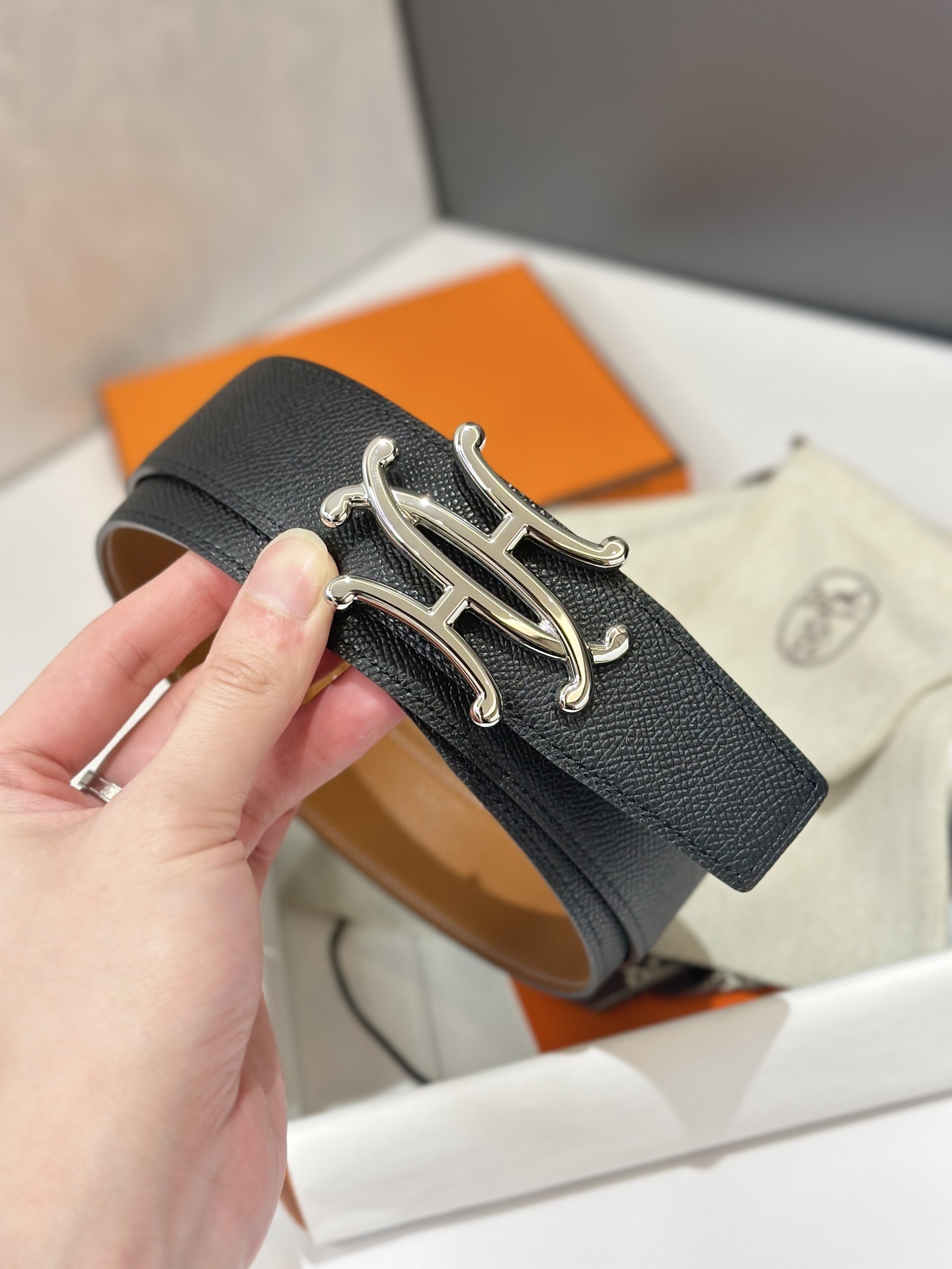 Luxury Hermès Reversible Leather Belt - Black & Tan with Silver Buckle