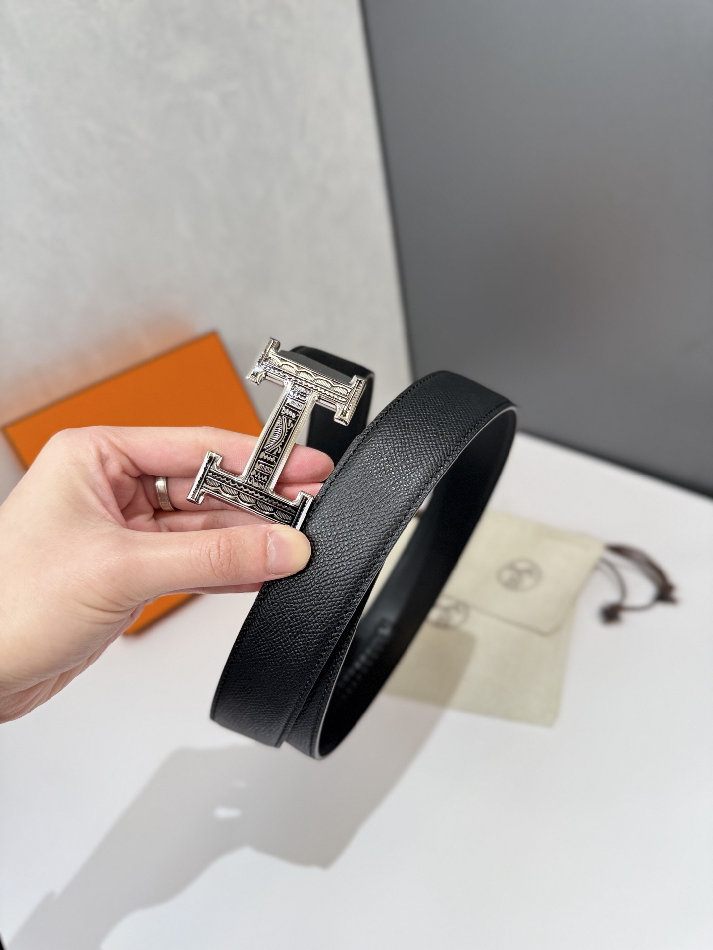 Hermes Black Epsom Leather Belt with Textured Silver H Buckle