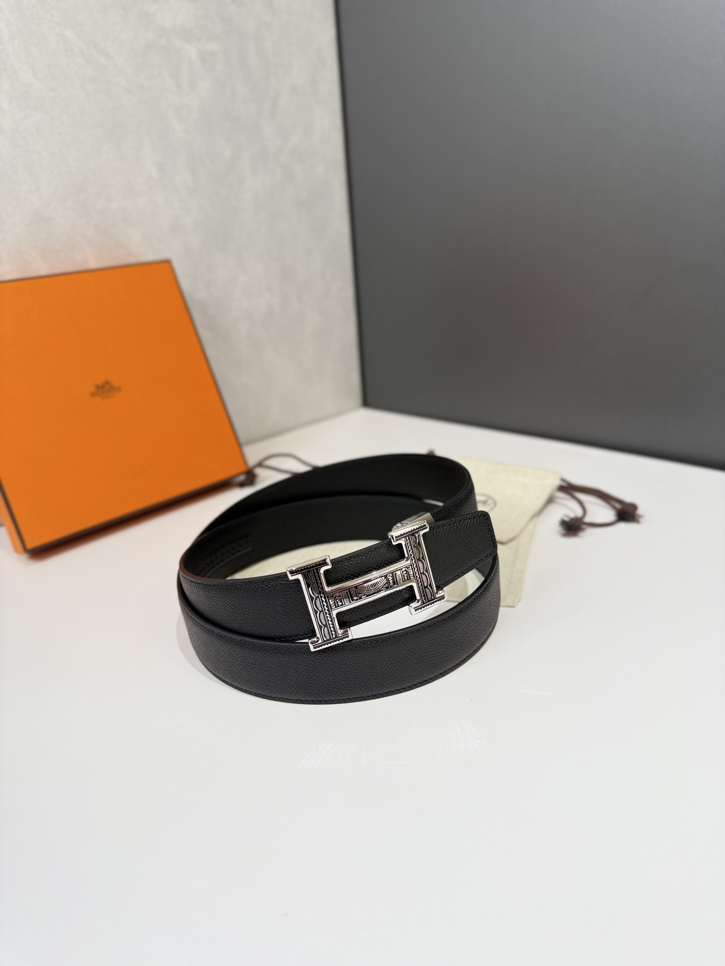 Hermes Black Epsom Leather Belt with Textured Silver H Buckle