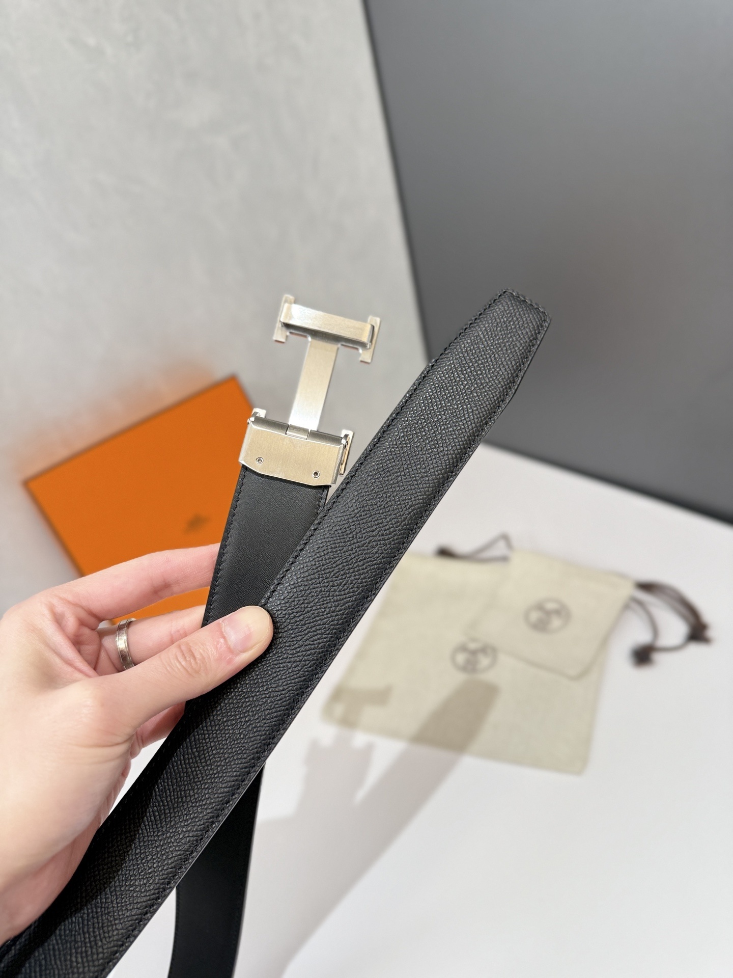 Hermes Black Epsom Leather Belt with Textured Silver H Buckle