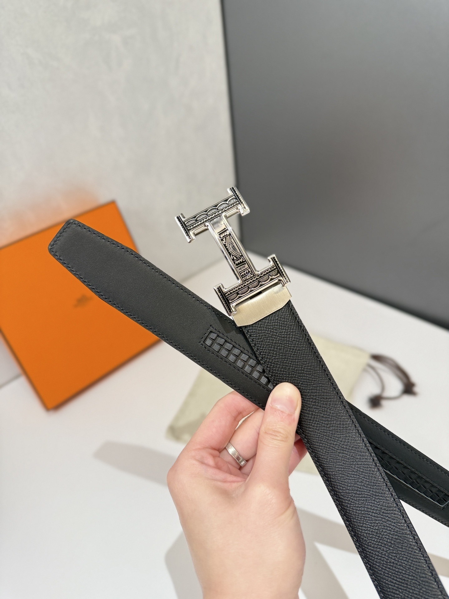 Hermes Black Epsom Leather Belt with Textured Silver H Buckle
