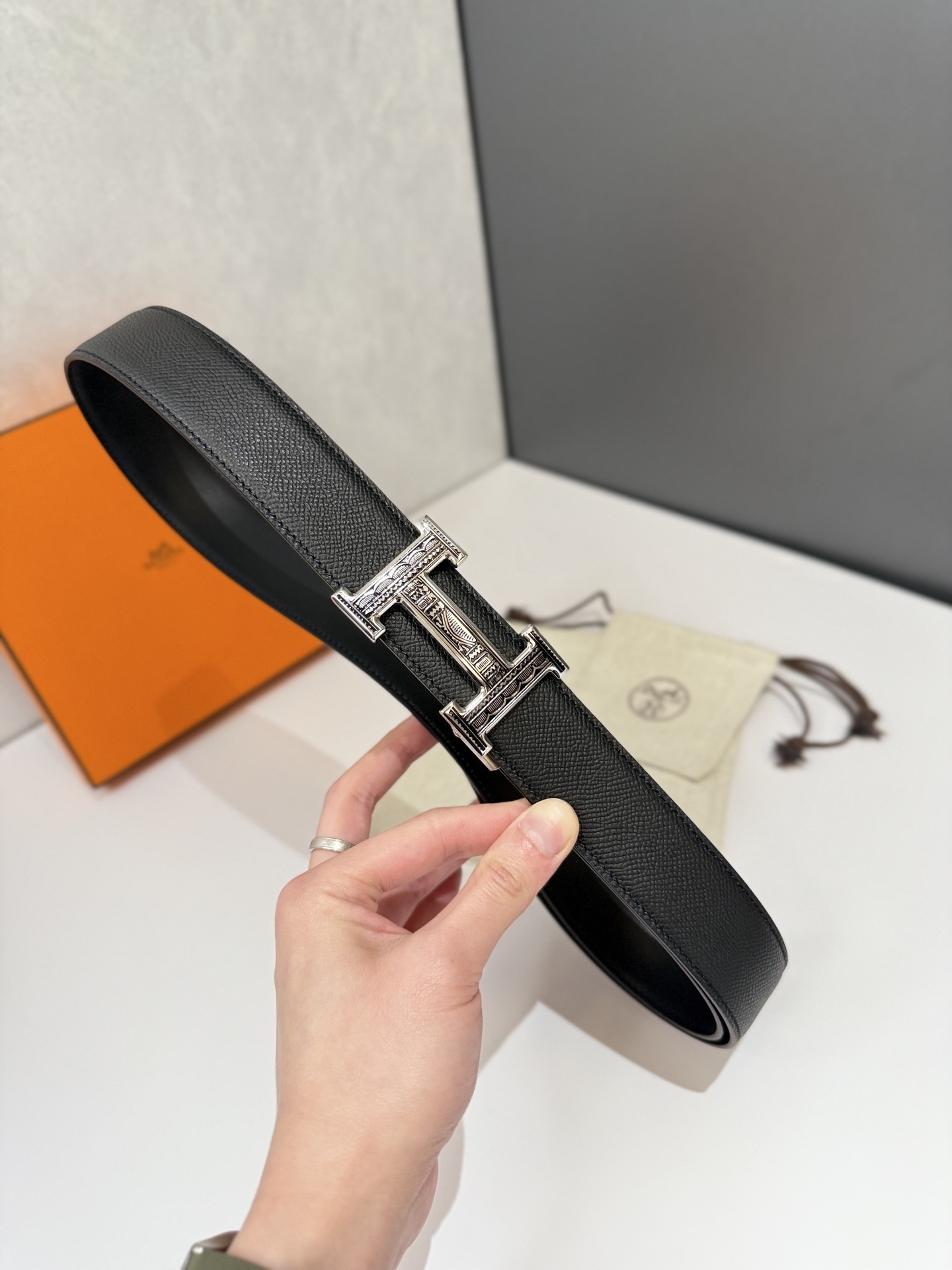 Hermes Black Epsom Leather Belt with Textured Silver H Buckle