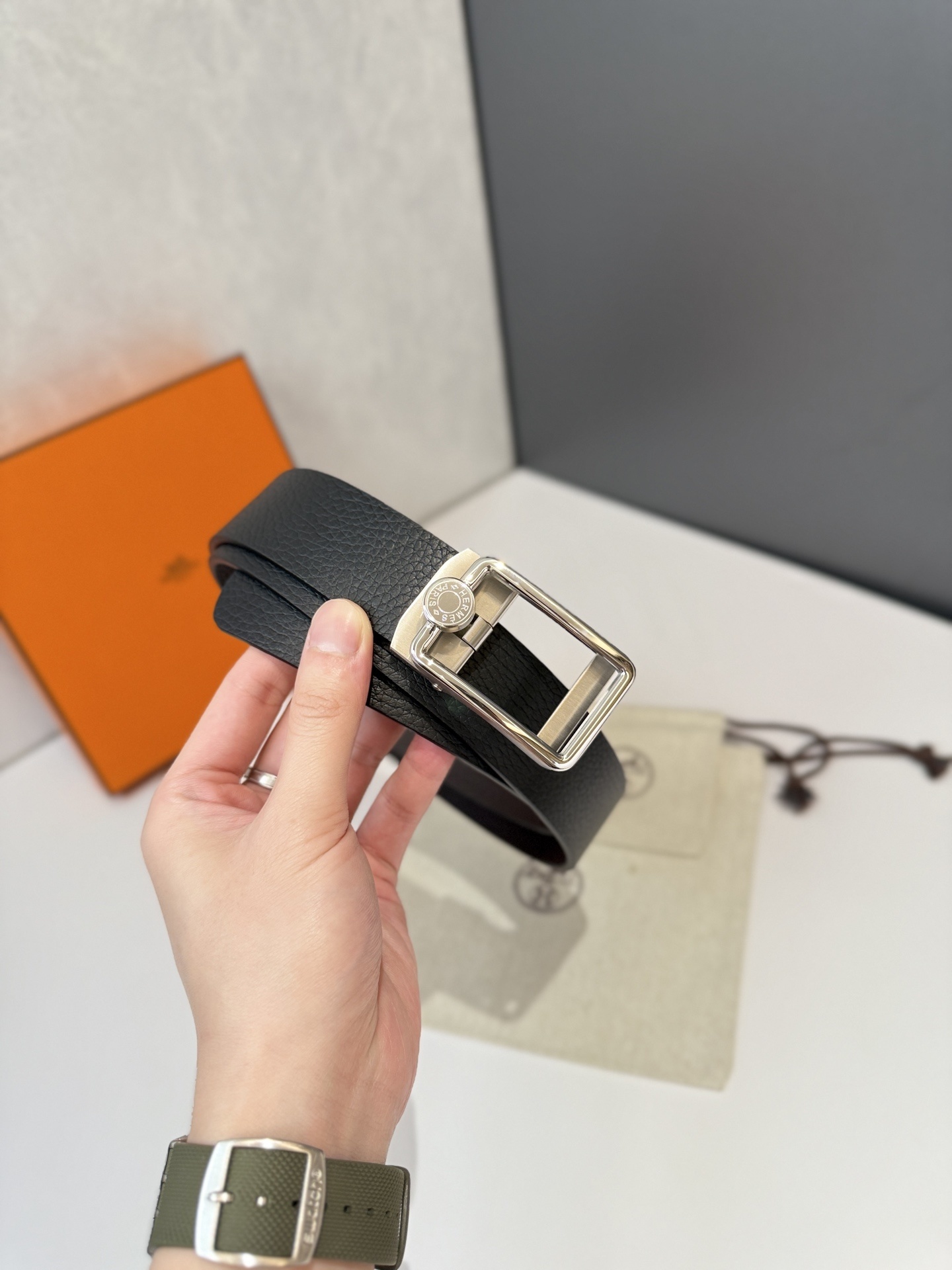 Hermès Men's Luxury Black Togo Leather Belt with Silver Buckle