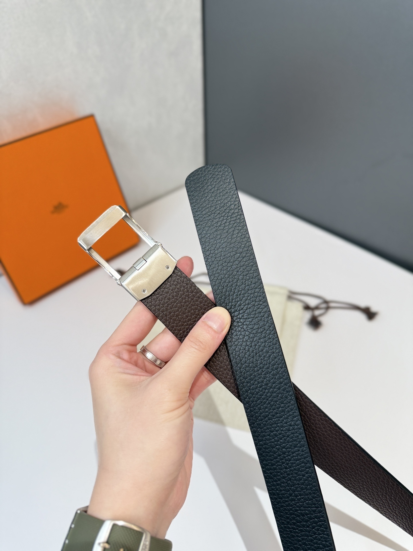 Hermès Men's Luxury Black Togo Leather Belt with Silver Buckle