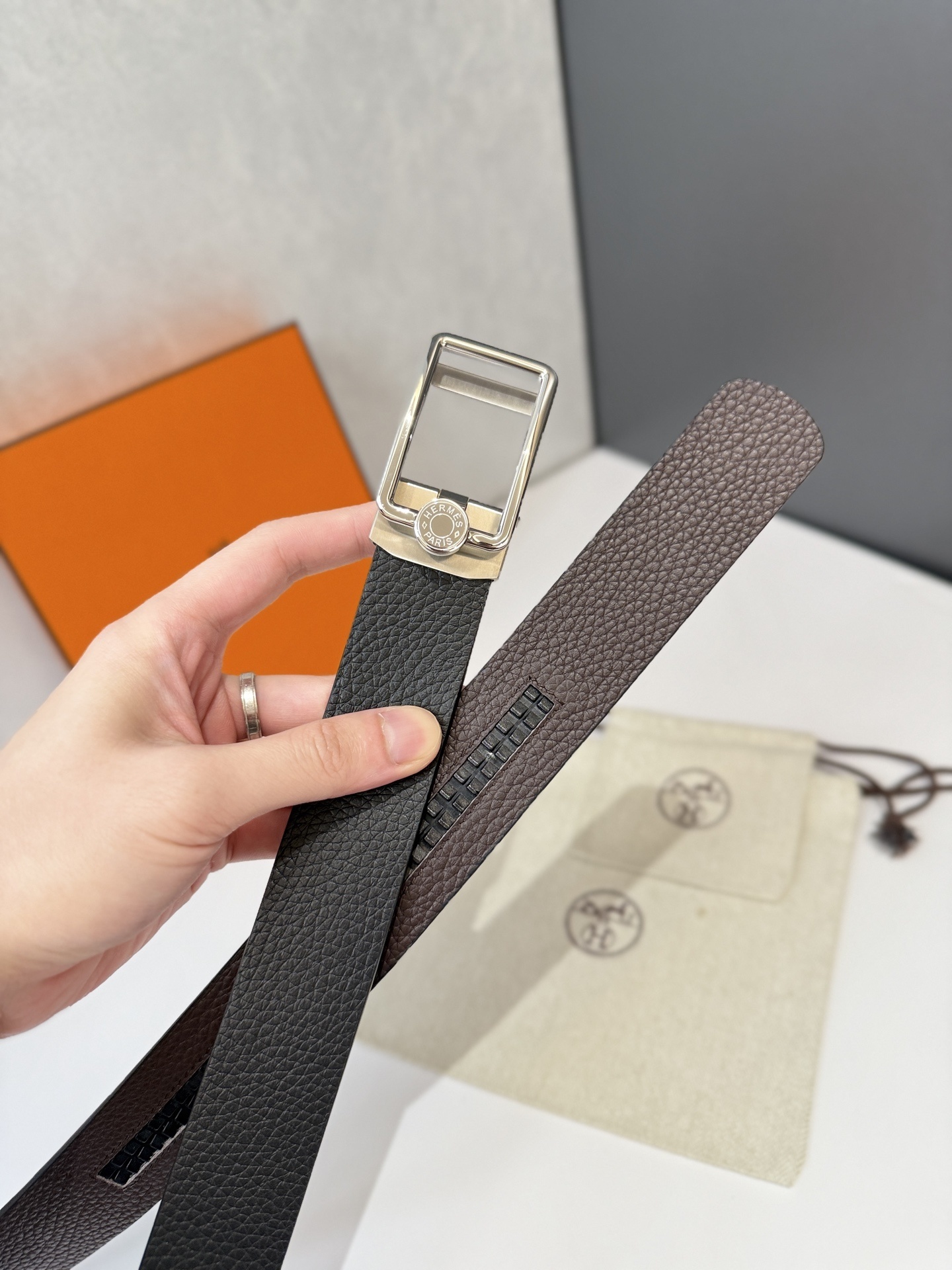 Hermès Men's Luxury Black Togo Leather Belt with Silver Buckle