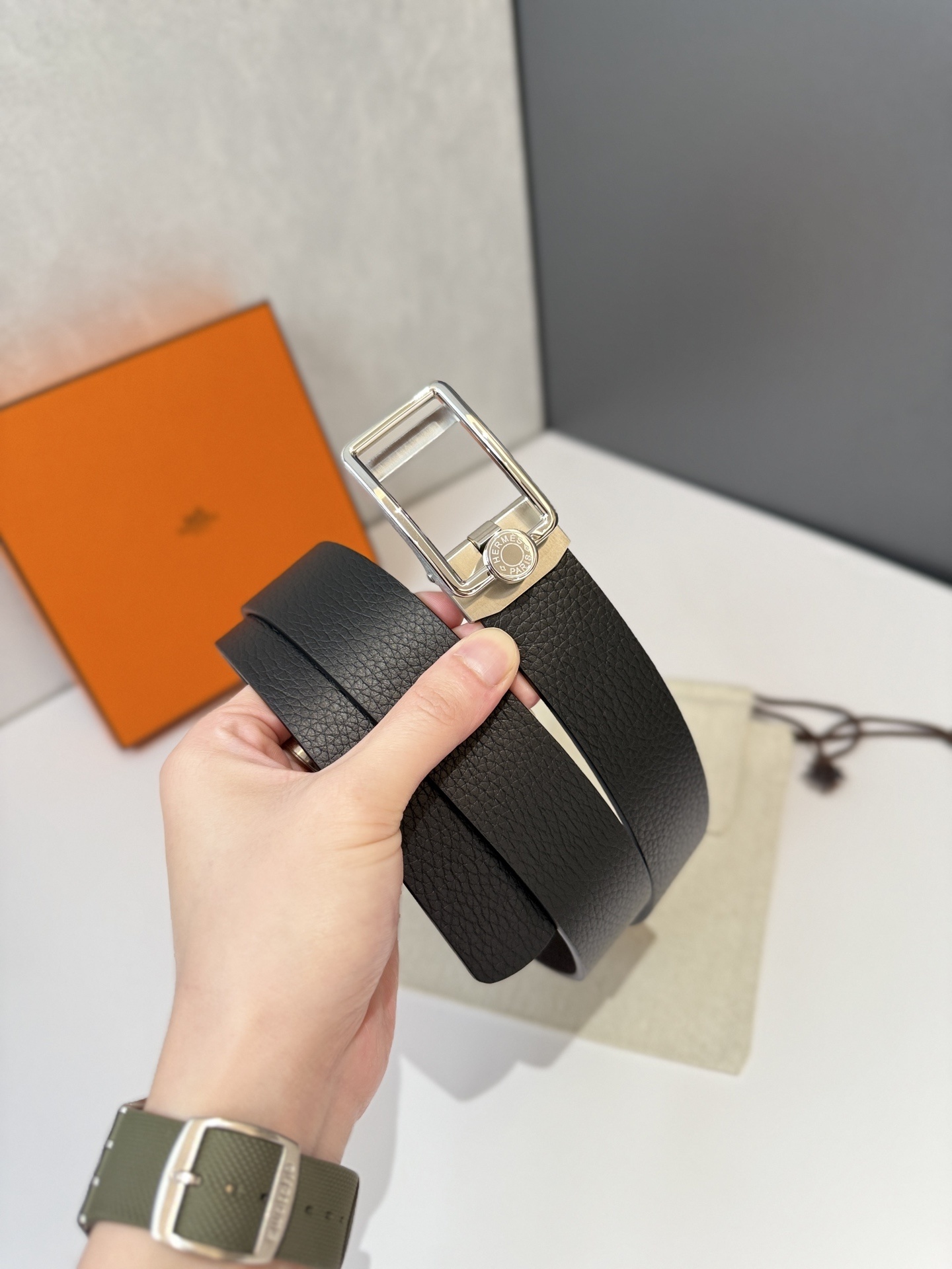 Hermès Men's Luxury Black Togo Leather Belt with Silver Buckle