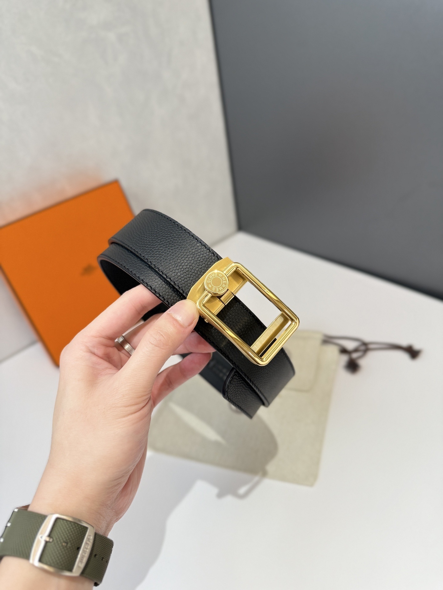 Luxury Hermes Black Textured Leather Belt with Gold Frame Buckle