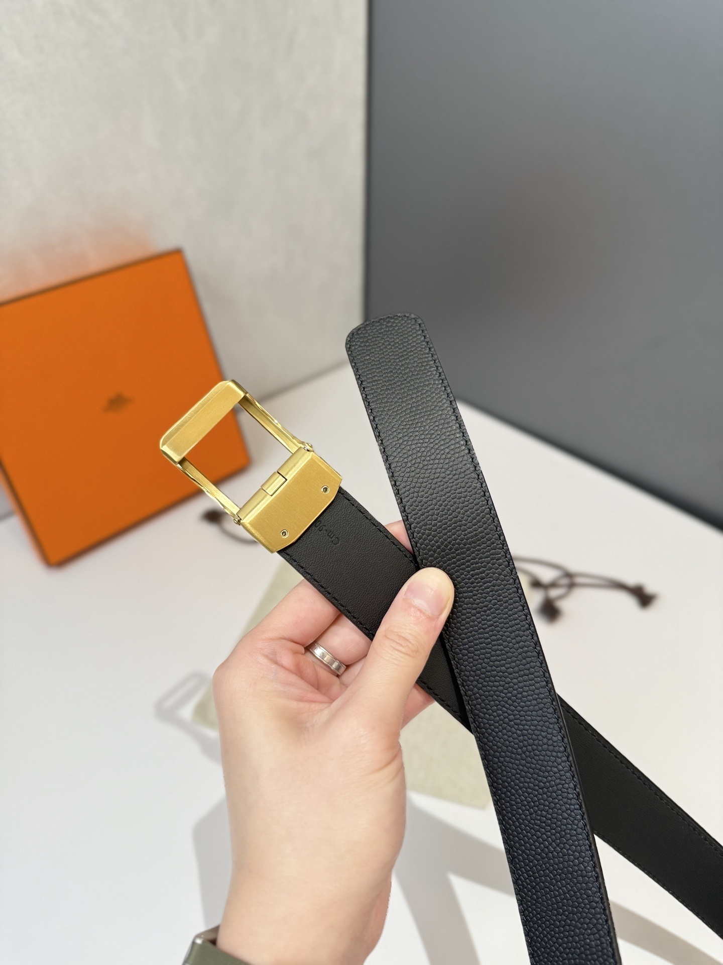 Luxury Hermes Black Textured Leather Belt with Gold Frame Buckle
