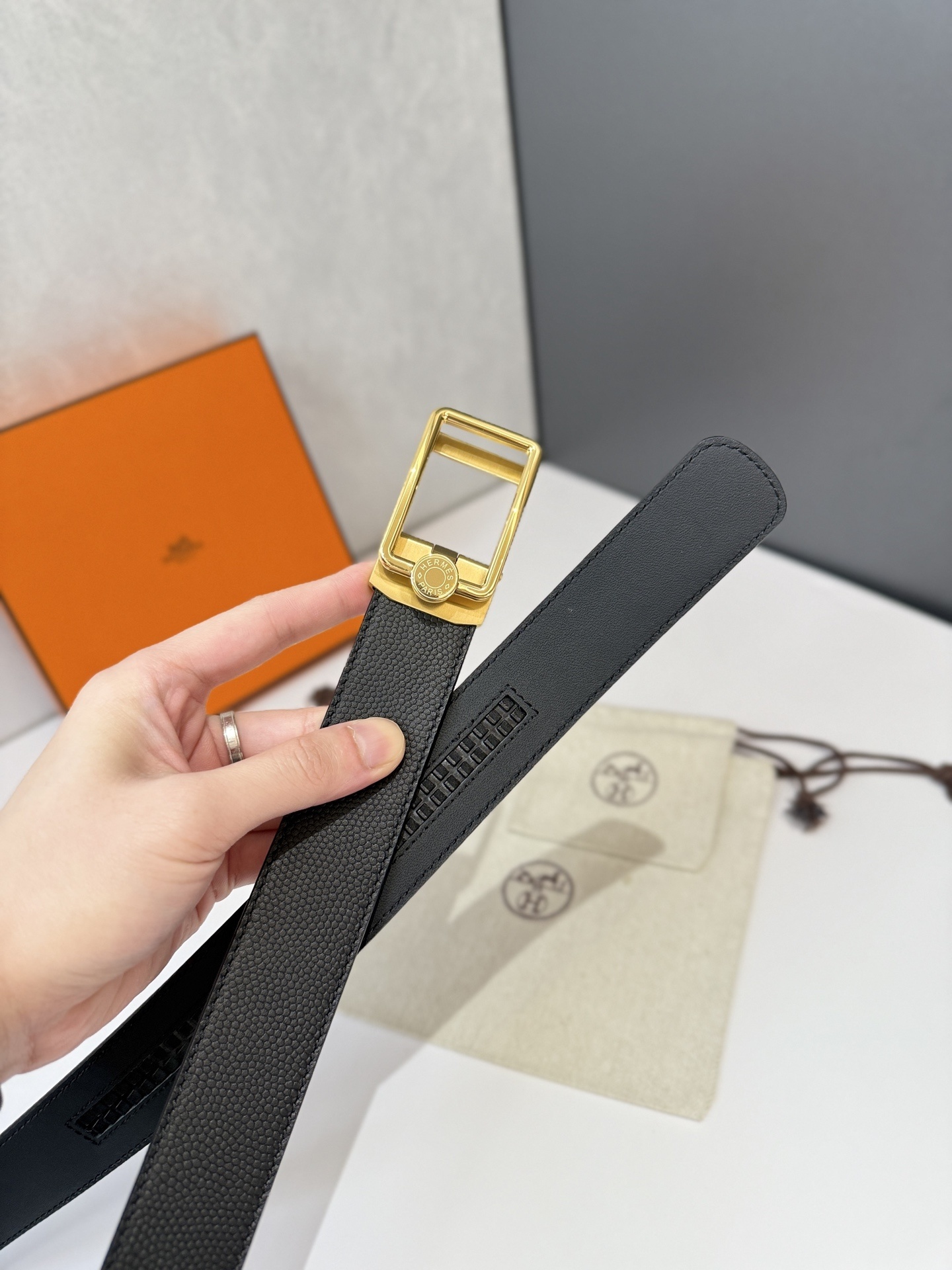 Luxury Hermes Black Textured Leather Belt with Gold Frame Buckle