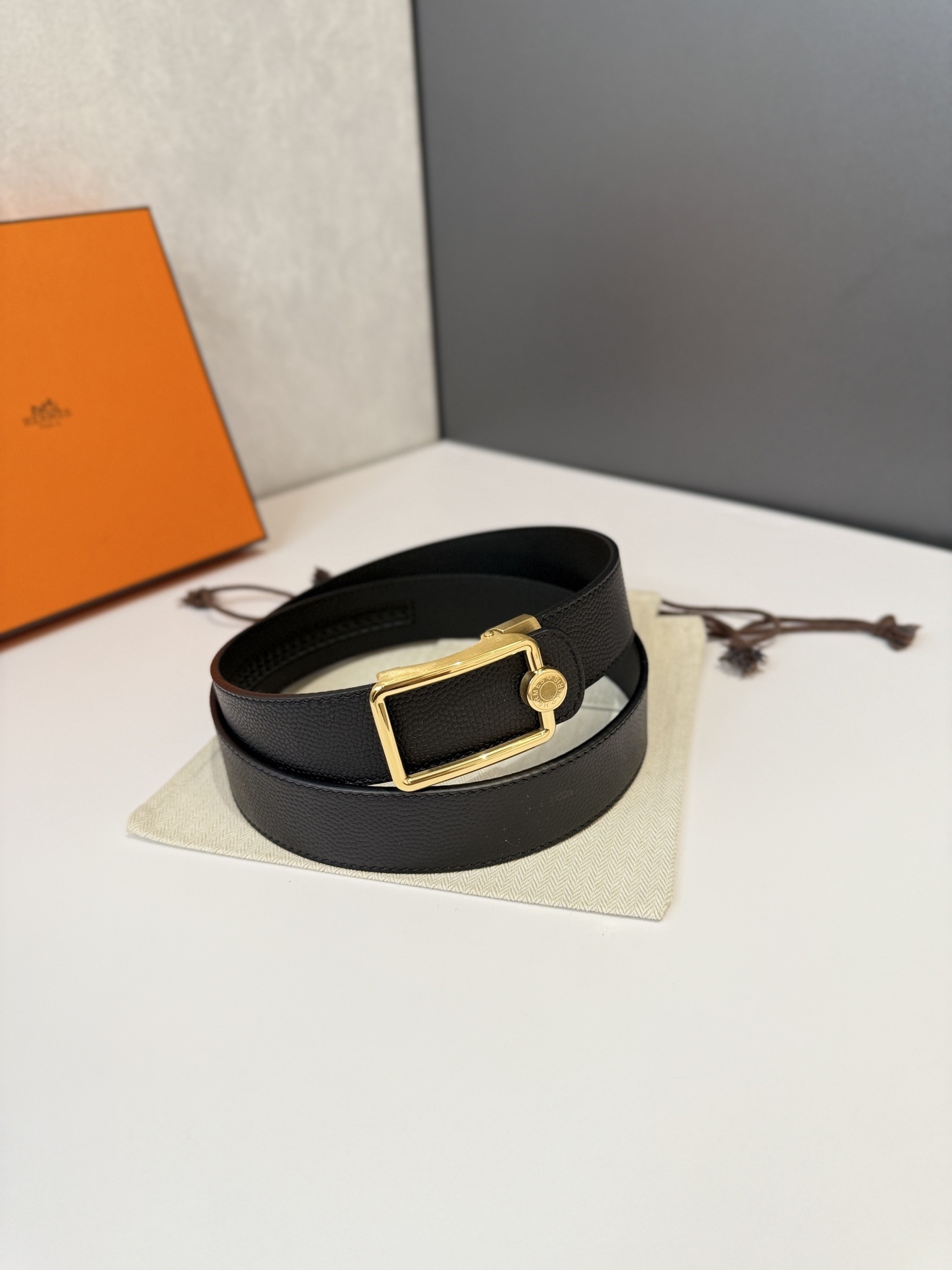Luxury Hermes Black Textured Leather Belt with Gold Frame Buckle