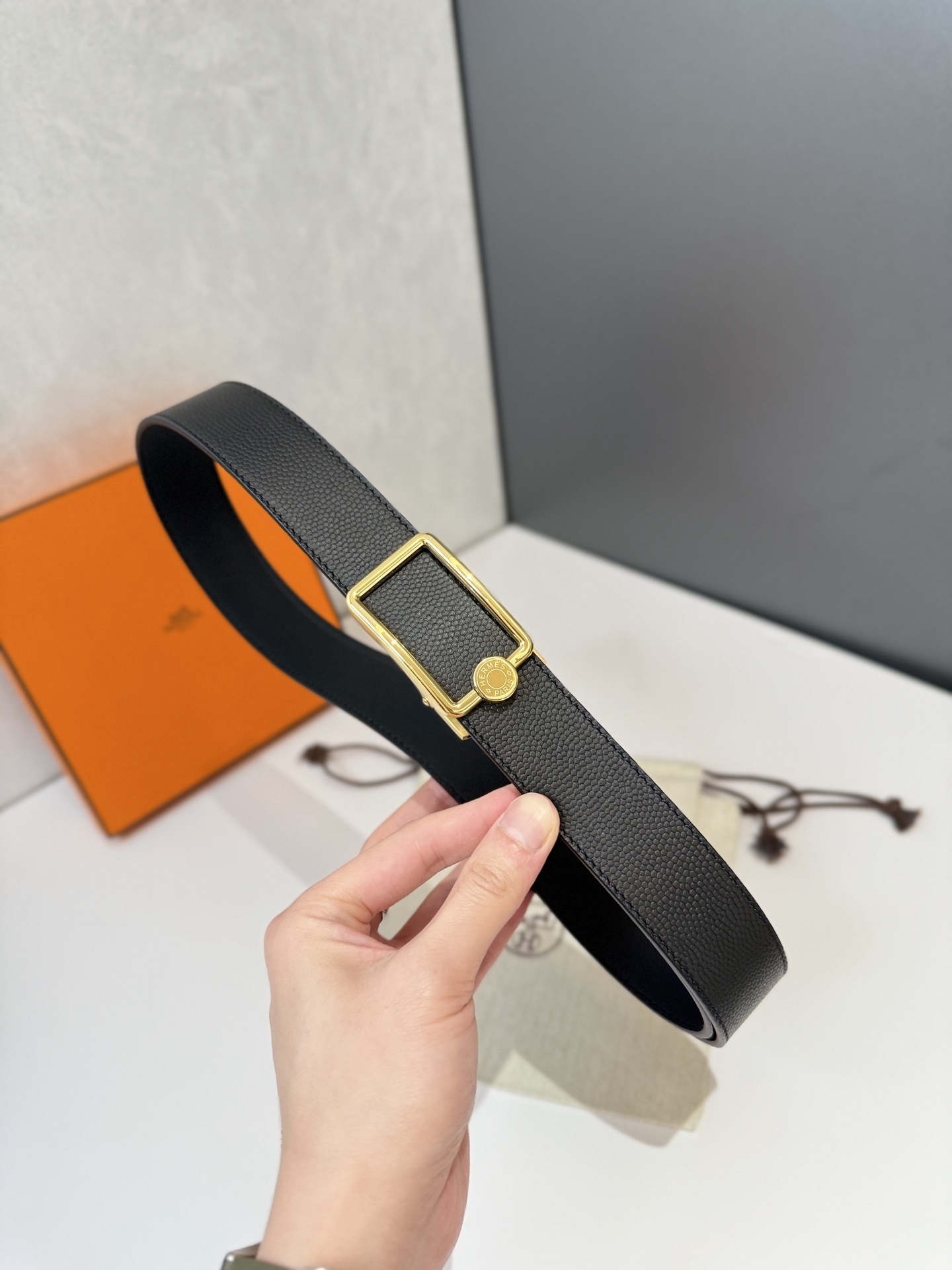 Luxury Hermes Black Textured Leather Belt with Gold Frame Buckle