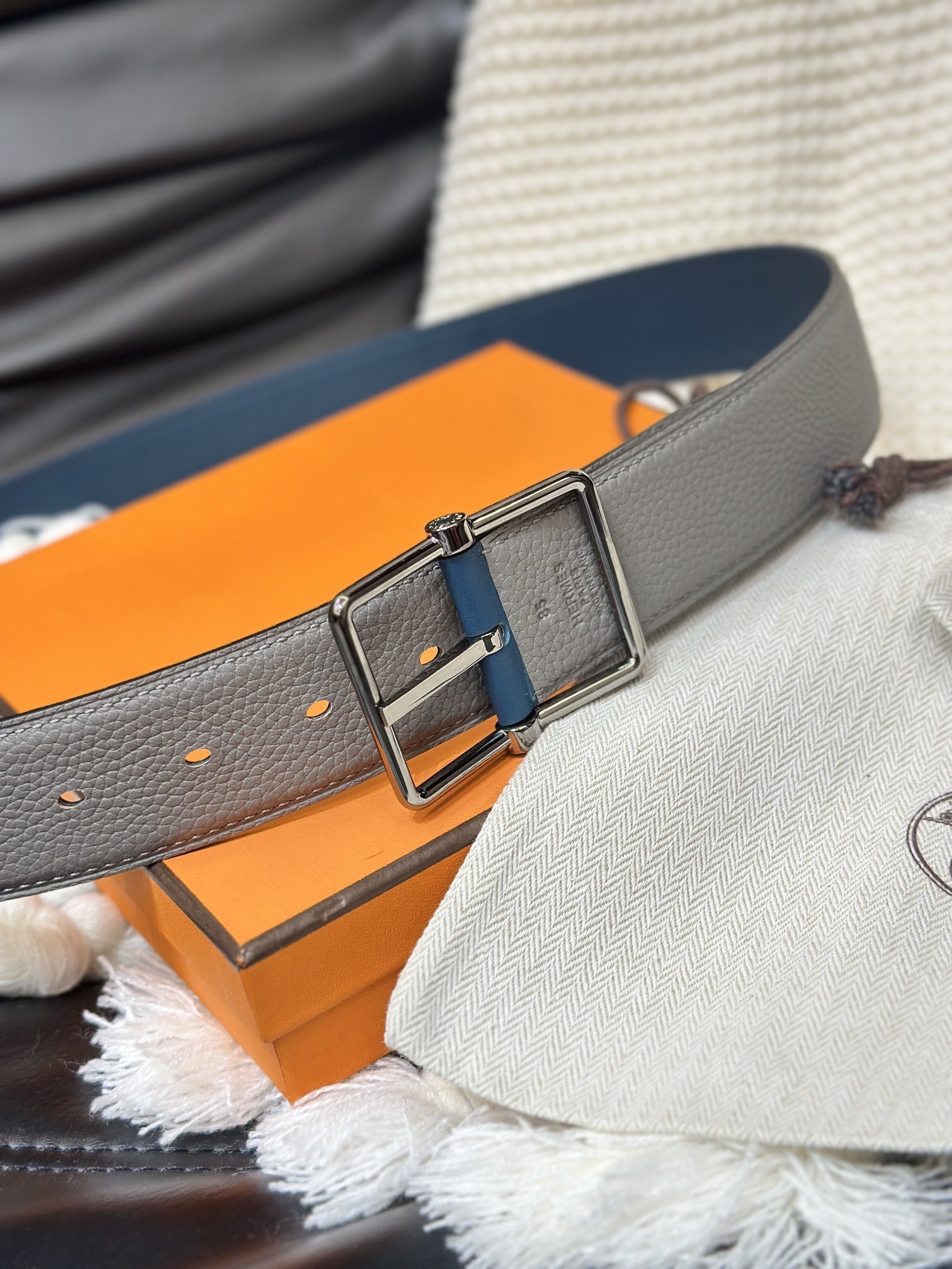 Hermès Men's Reversible Leather Belt - Grey & Blue with Silver Buckle