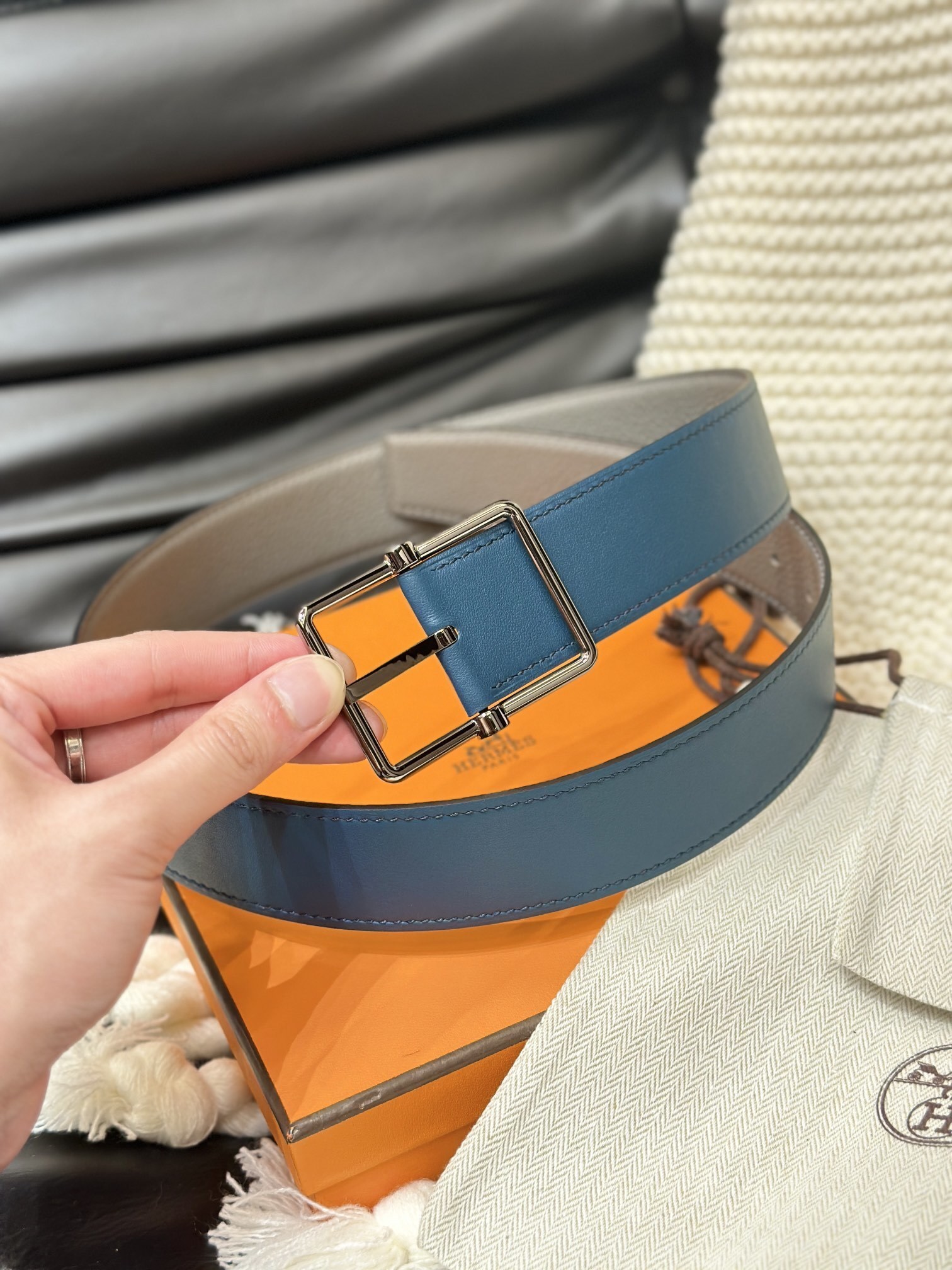 Hermès Men's Reversible Leather Belt - Grey & Blue with Silver Buckle