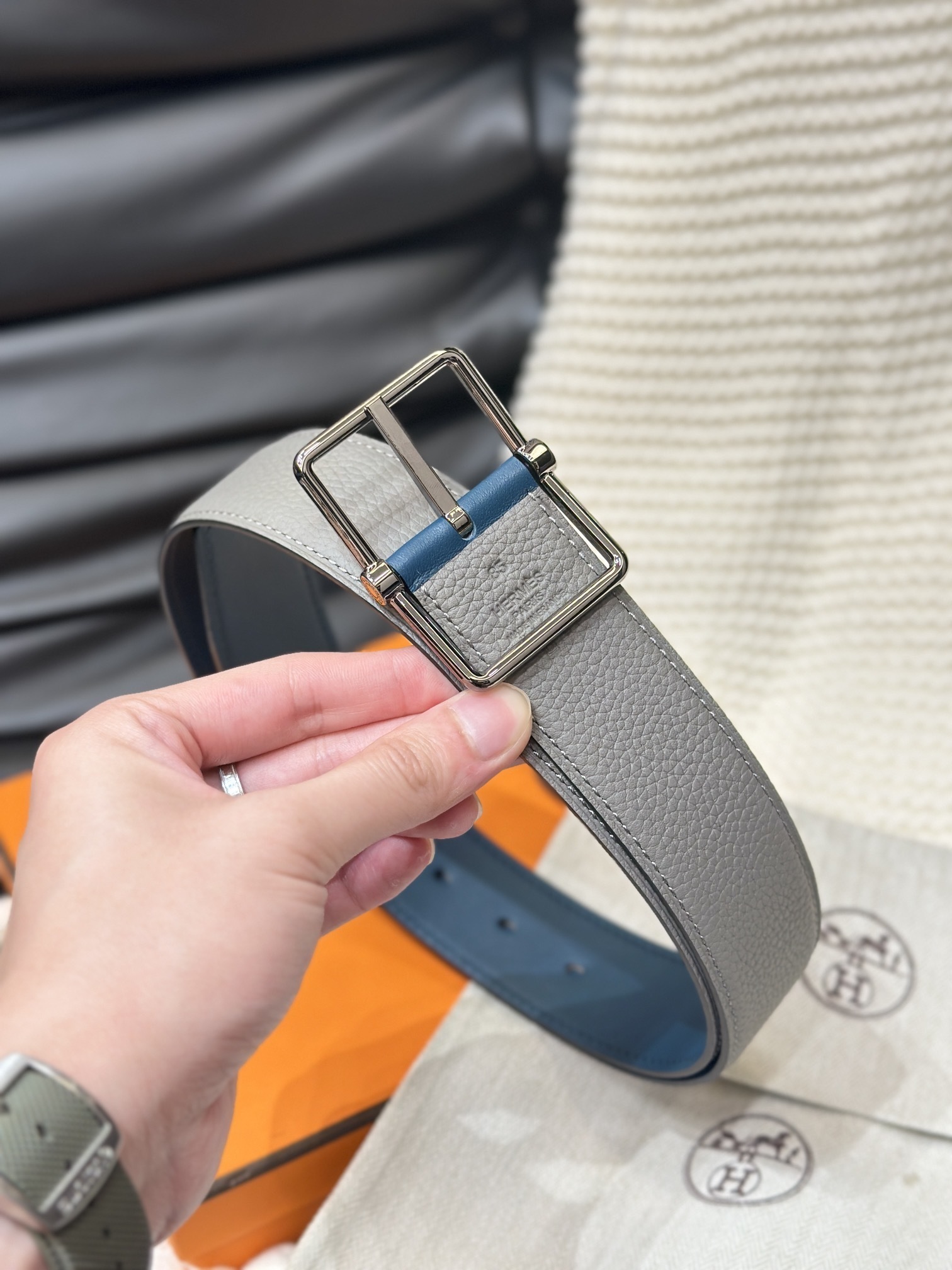Hermès Men's Reversible Leather Belt - Grey & Blue with Silver Buckle