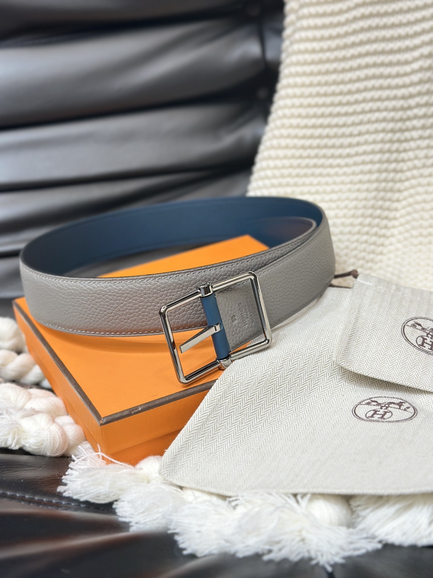 Hermès Men’s Reversible Leather Belt – Grey & Blue with Silver Buckle