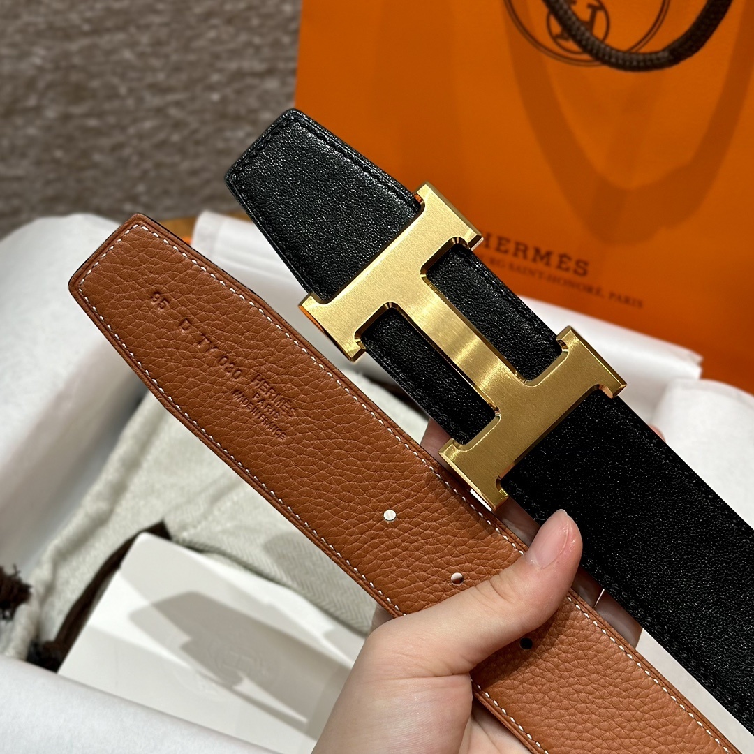 Hermès Reversible H Belt - Luxury Black & Tan Leather - Gold Buckle