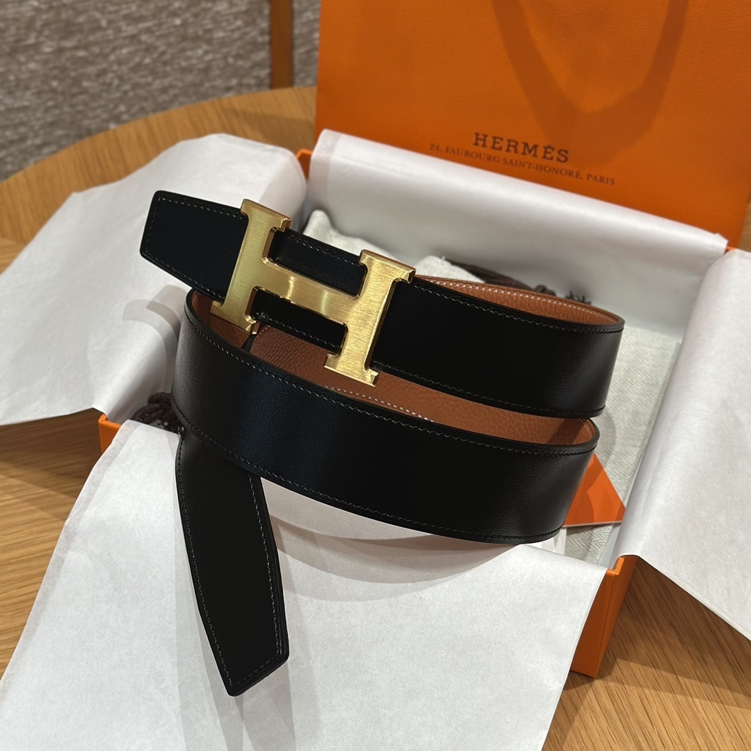 Hermès Reversible H Belt - Luxury Black & Tan Leather - Gold Buckle