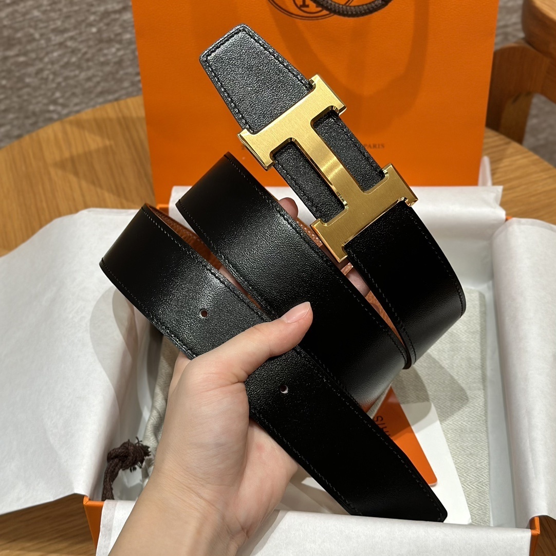 Hermès Reversible H Belt - Luxury Black & Tan Leather - Gold Buckle
