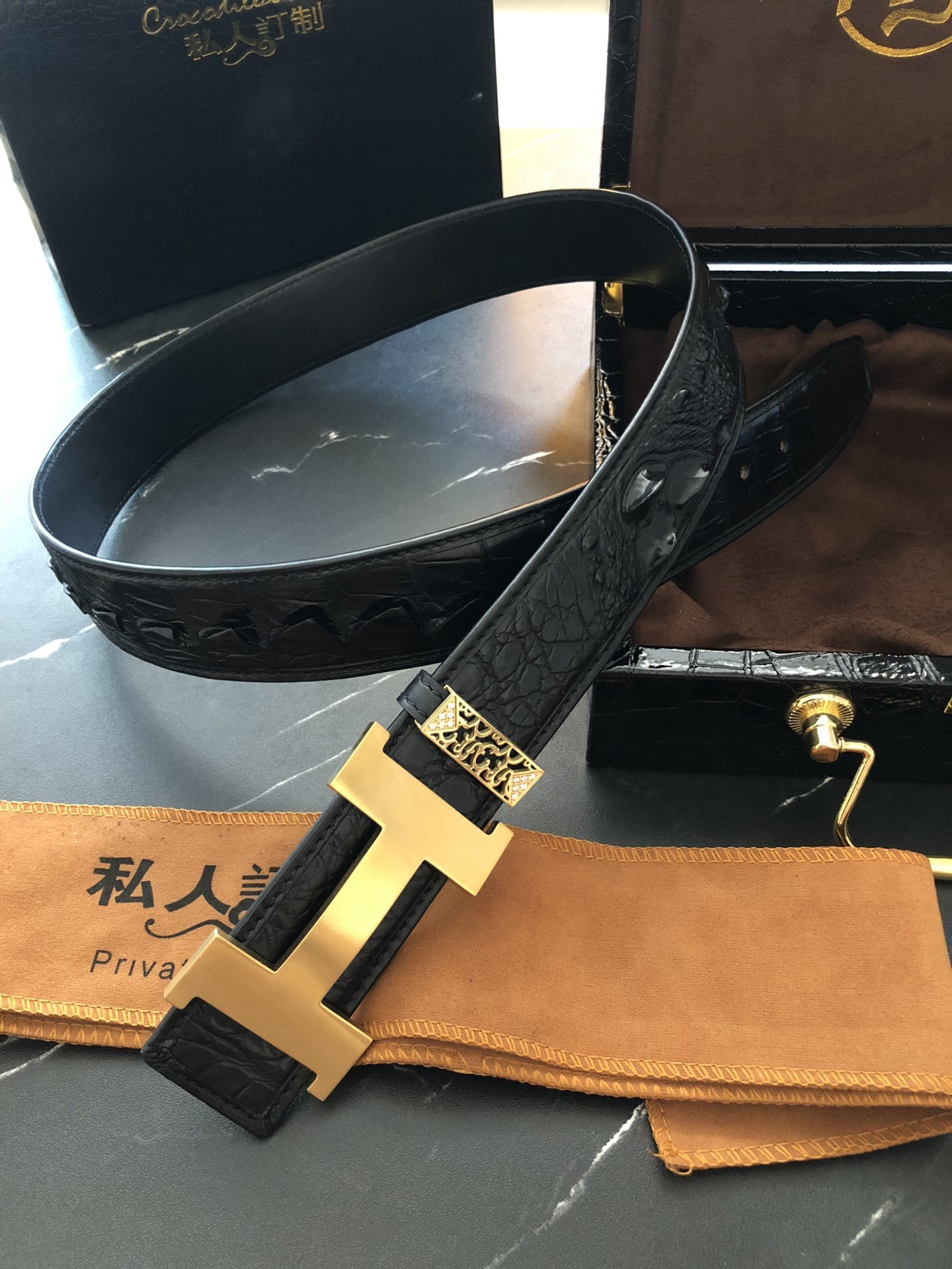 Luxury Men's Genuine Crocodile Leather Belt - Gold H Buckle