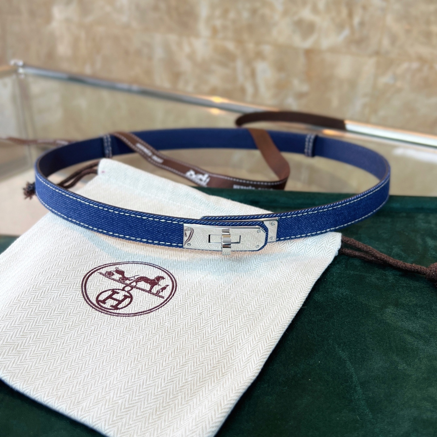 Hermès Kelly 18 Belt Blue Denim with Palladium Hardware