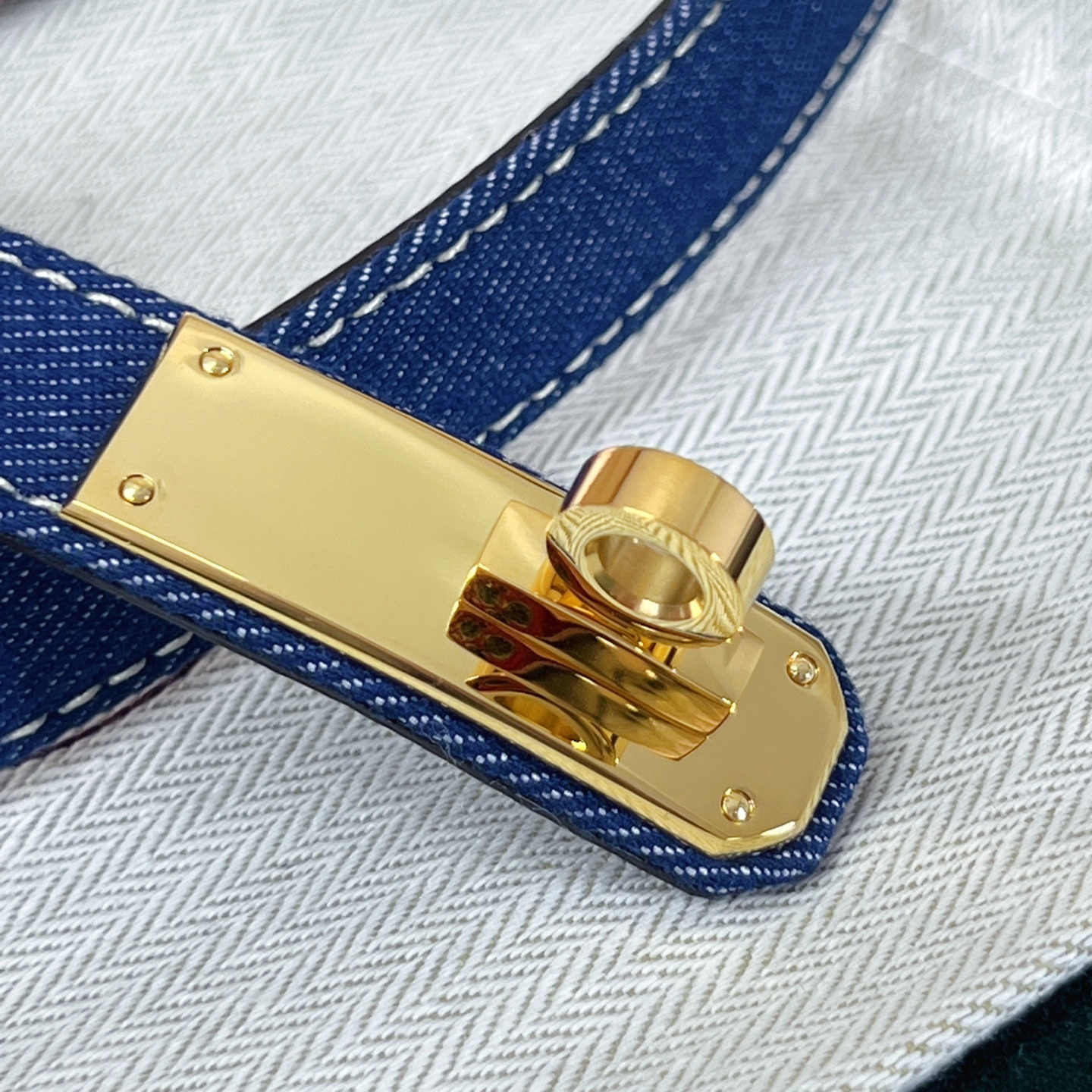 Luxury Blue Denim Kelly Belt with Gold Hardware - Adjustable Size