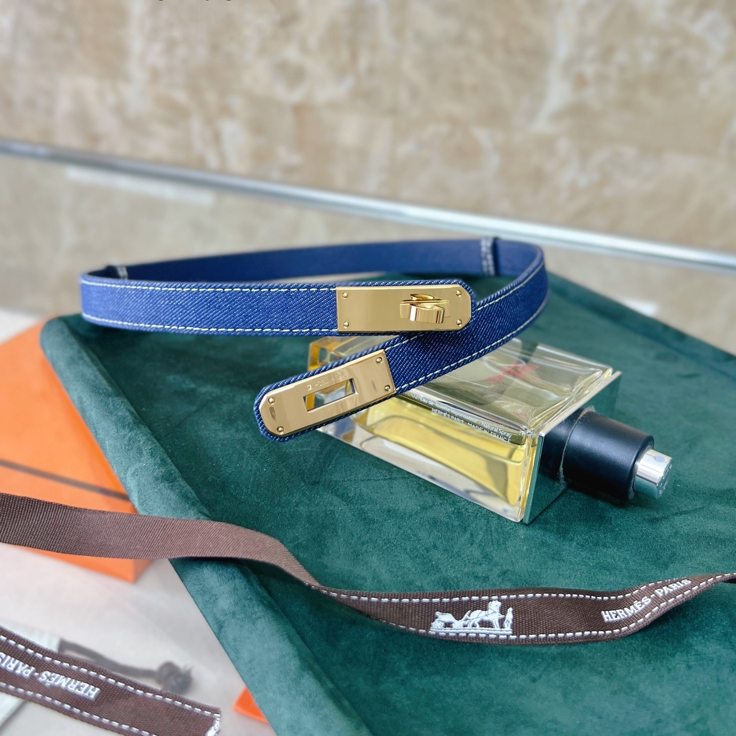 Luxury Blue Denim Kelly Belt with Gold Hardware - Adjustable Size