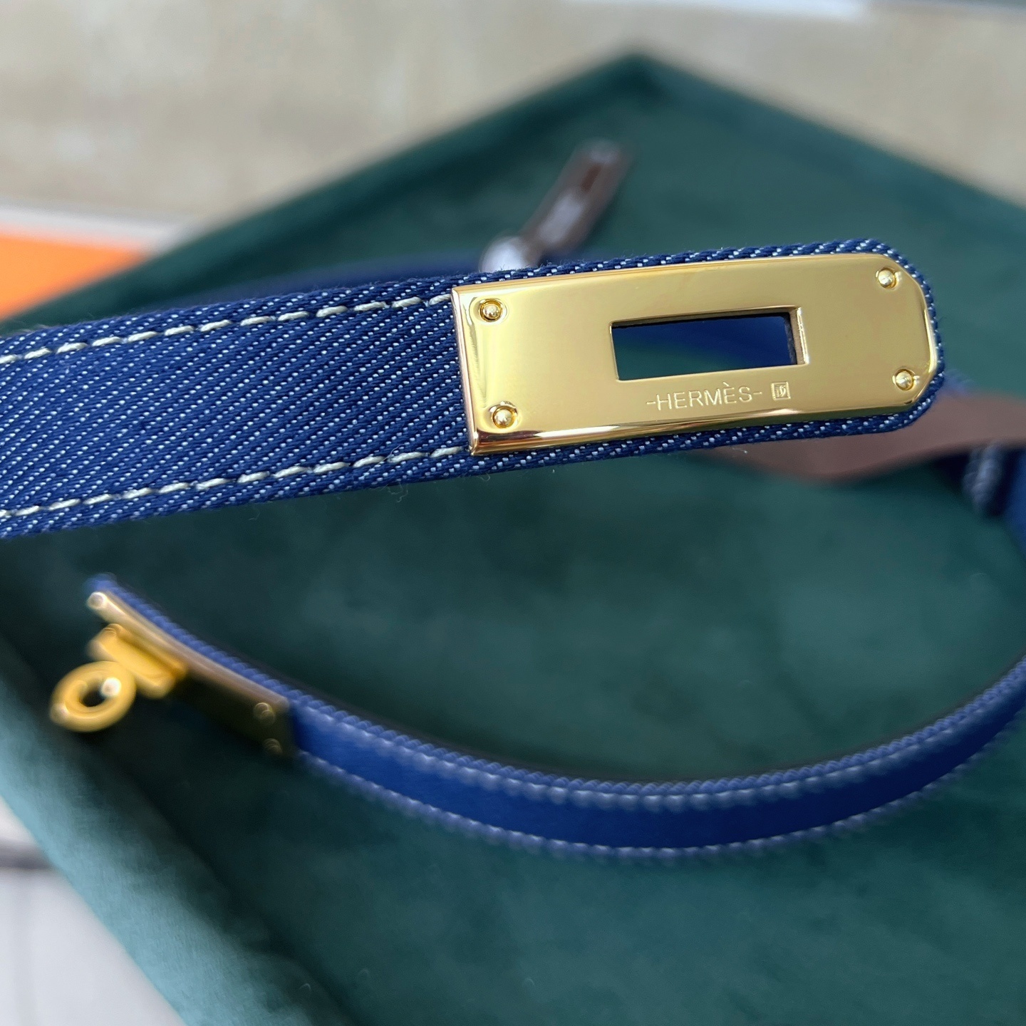 Luxury Blue Denim Kelly Belt with Gold Hardware - Adjustable Size