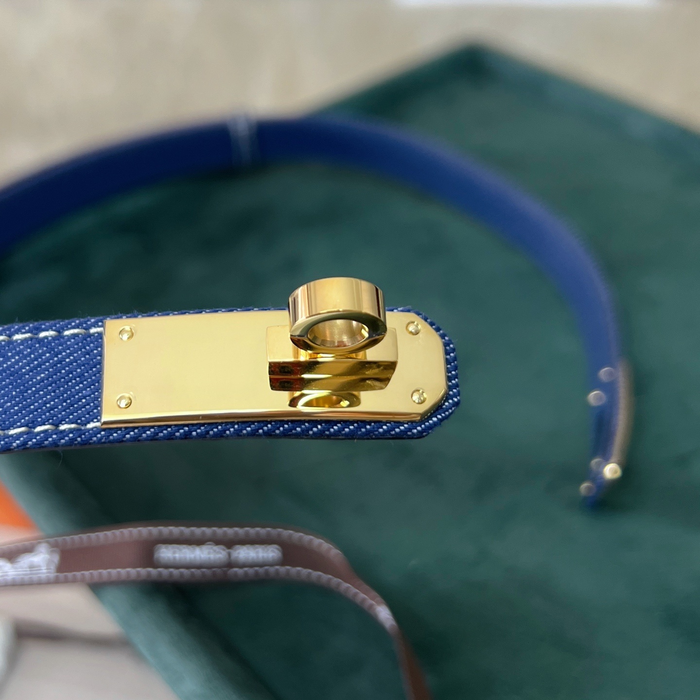 Luxury Blue Denim Kelly Belt with Gold Hardware - Adjustable Size