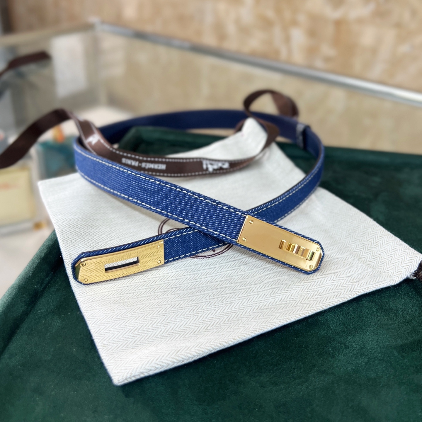 Luxury Blue Denim Kelly Belt with Gold Hardware - Adjustable Size