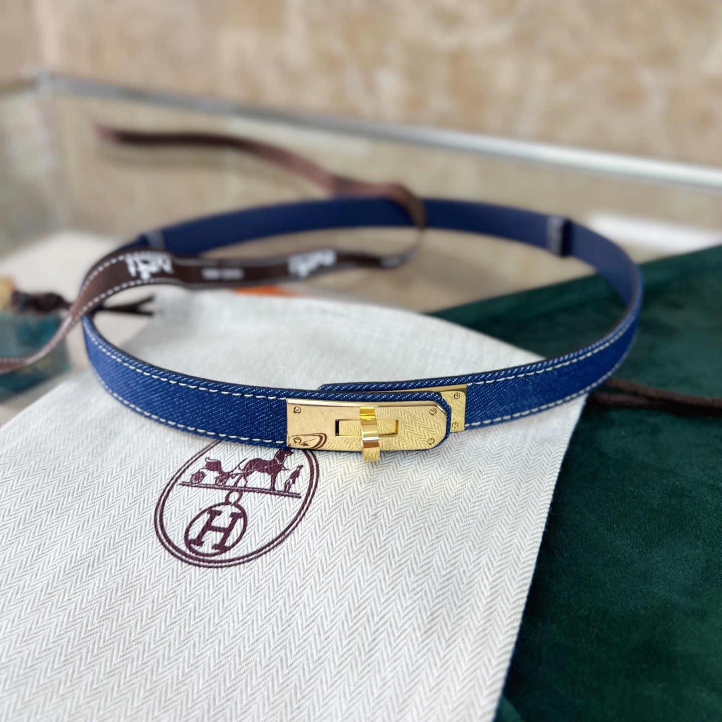 Luxury Blue Denim Kelly Belt with Gold Hardware – Adjustable Size