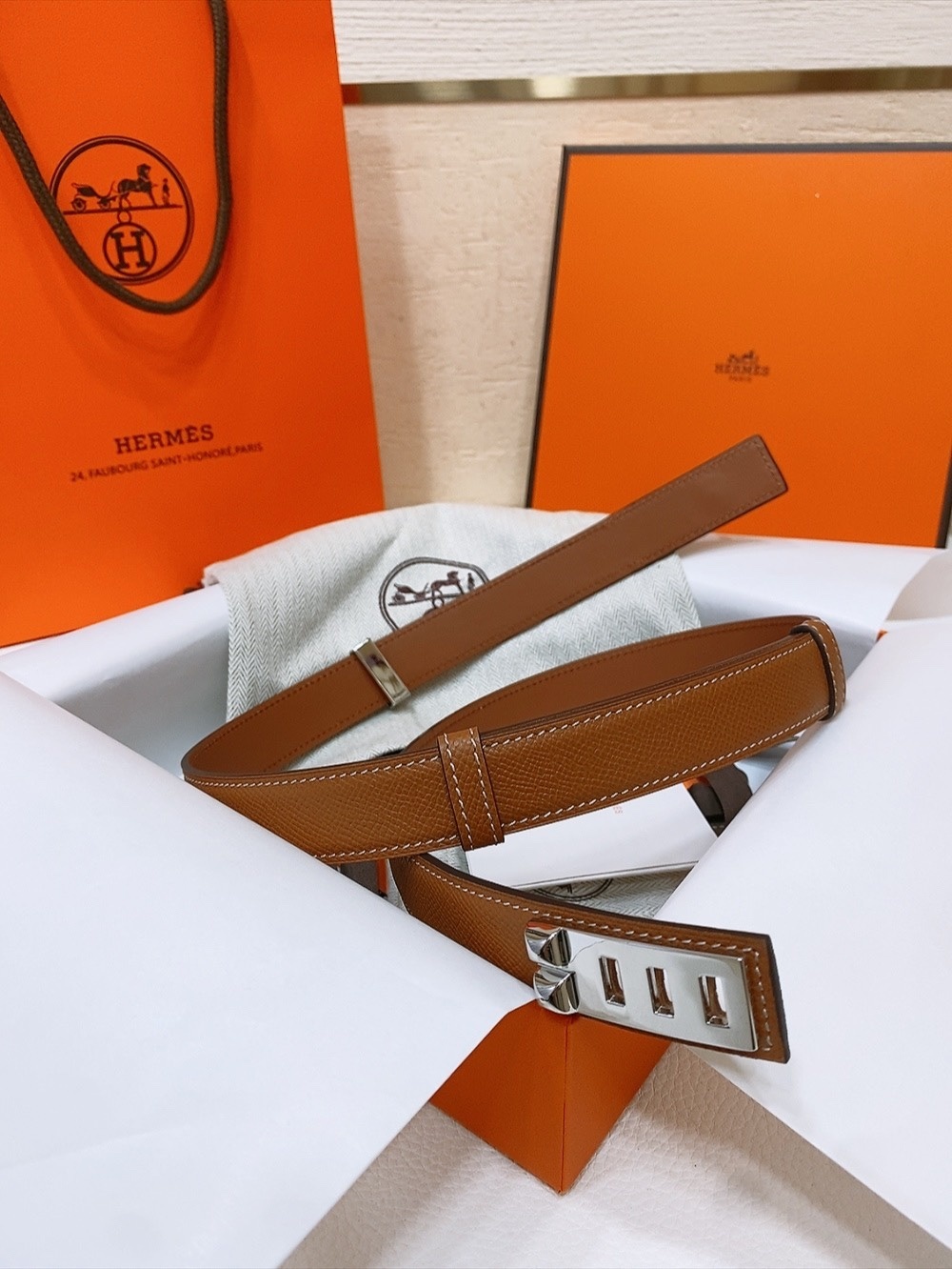 Luxury Hermes Kelly Belt - Brown Leather with Silver Medor Buckle